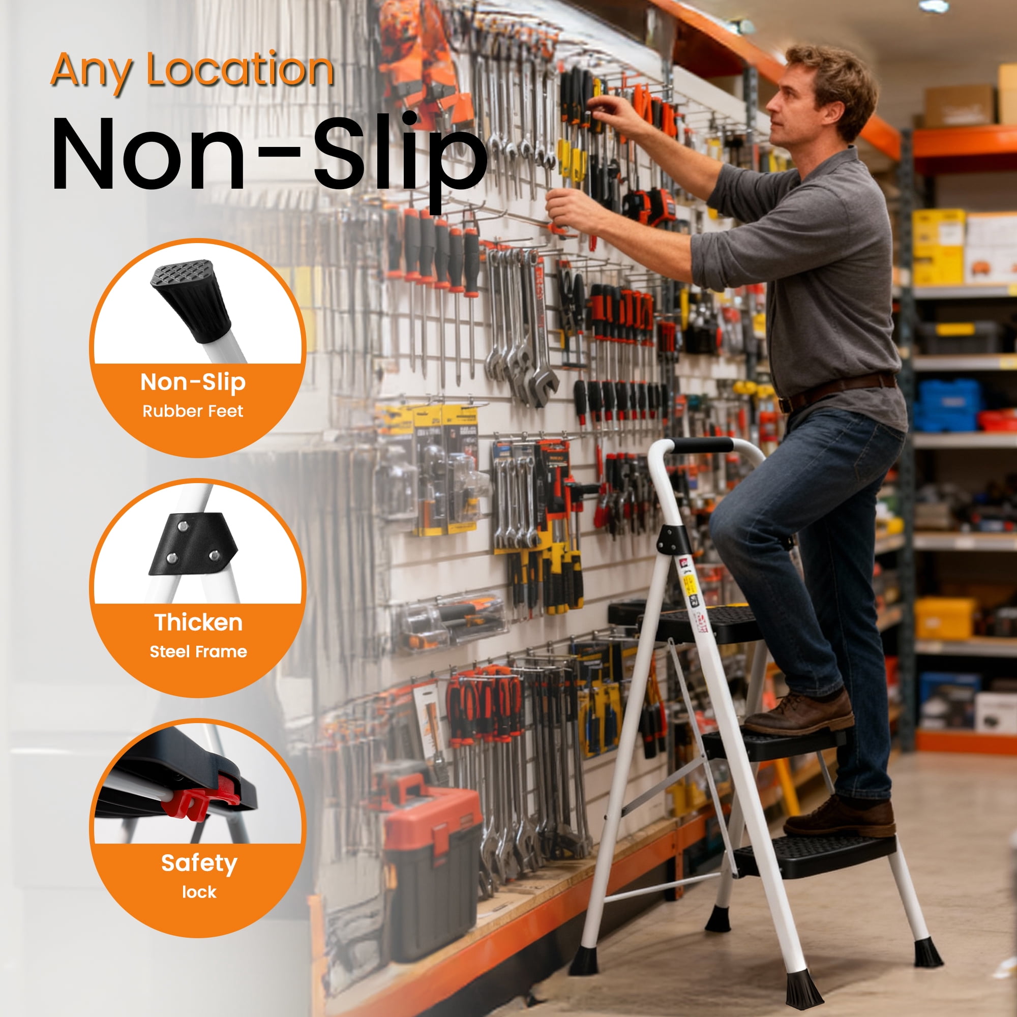HBTower 3-Step Steel Folding Ladder with Snap-Lock (White, 330 lb Capacity) csfav