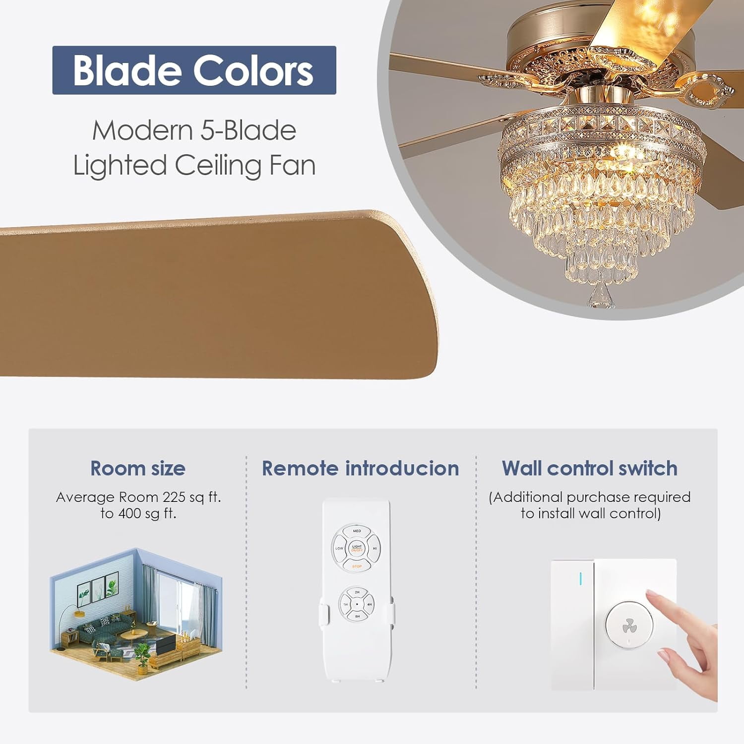 Yiosi 52 in Crystal Chandelier Ceiling Fan with Remote Control, 3-Speed AC Motor, Farmhouse Lighting for Living Room (Gold, 52 in) zuq47