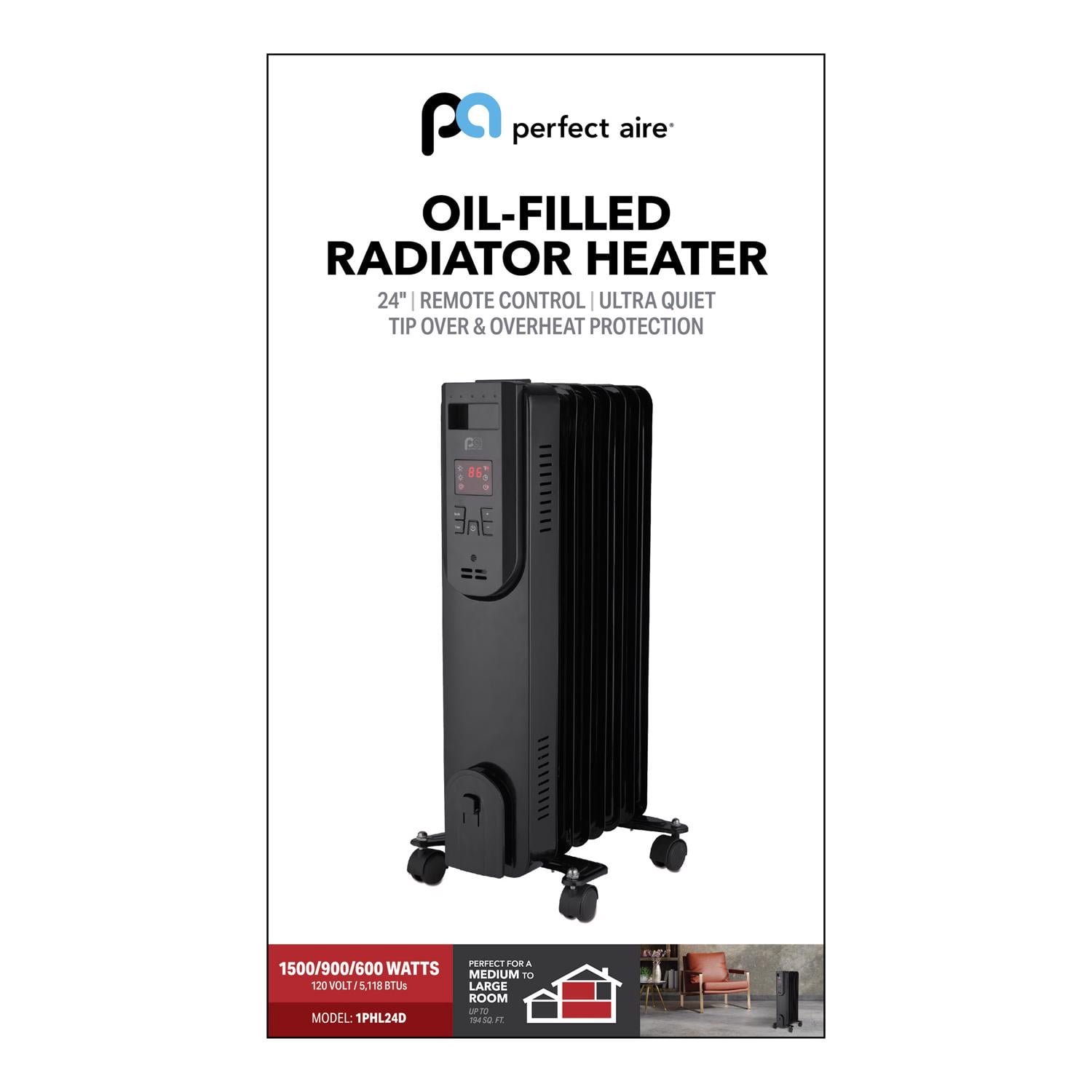 Perfect Aire 1500W Digital Oil Filled Space Heater with Adjustable Thermostat (Black, 14.3 in x 9.4 in x 23.6 in) k3kx8