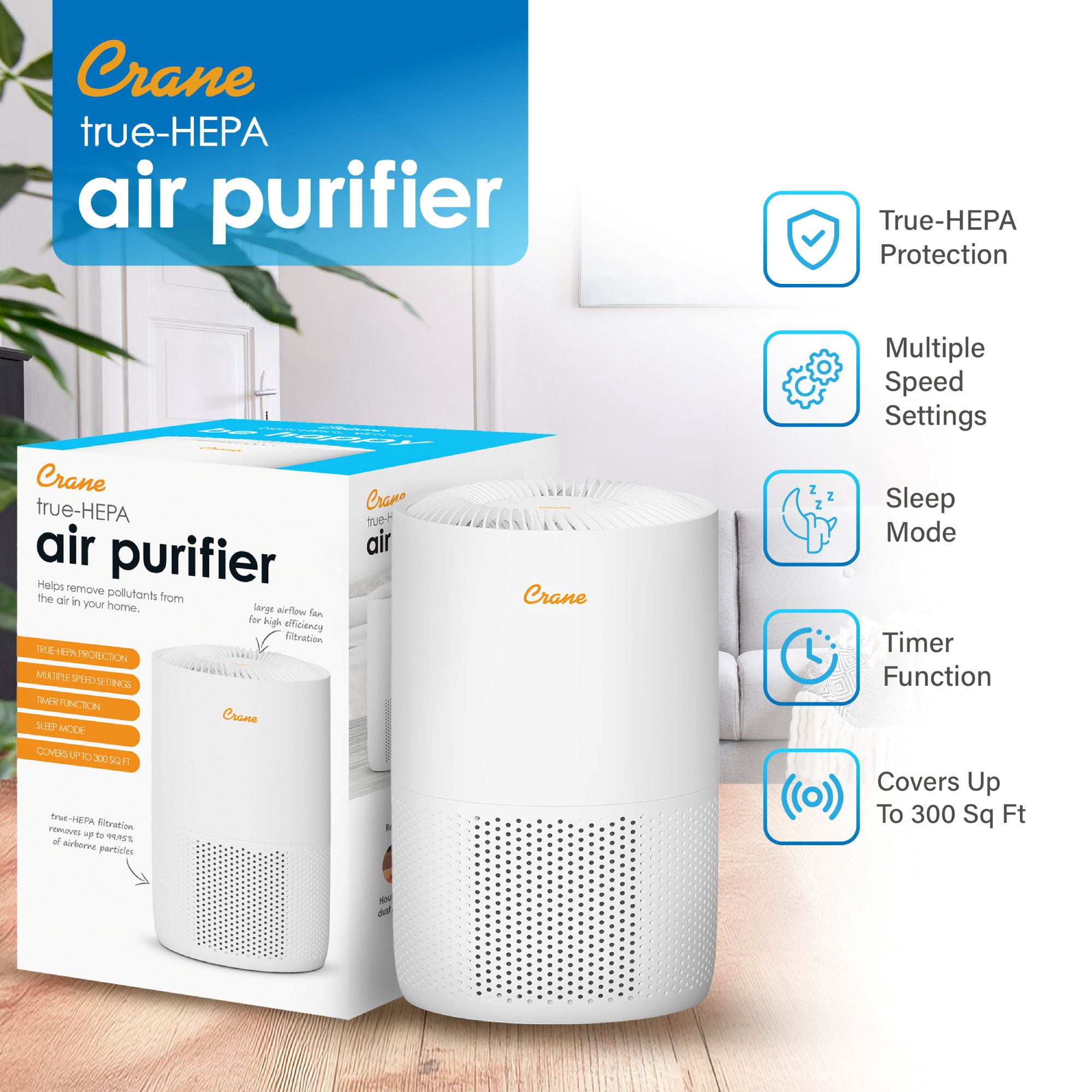 Crane True HEPA Air Purifier for Home with Aroma Tray (White, 275 sq ft) k7roj