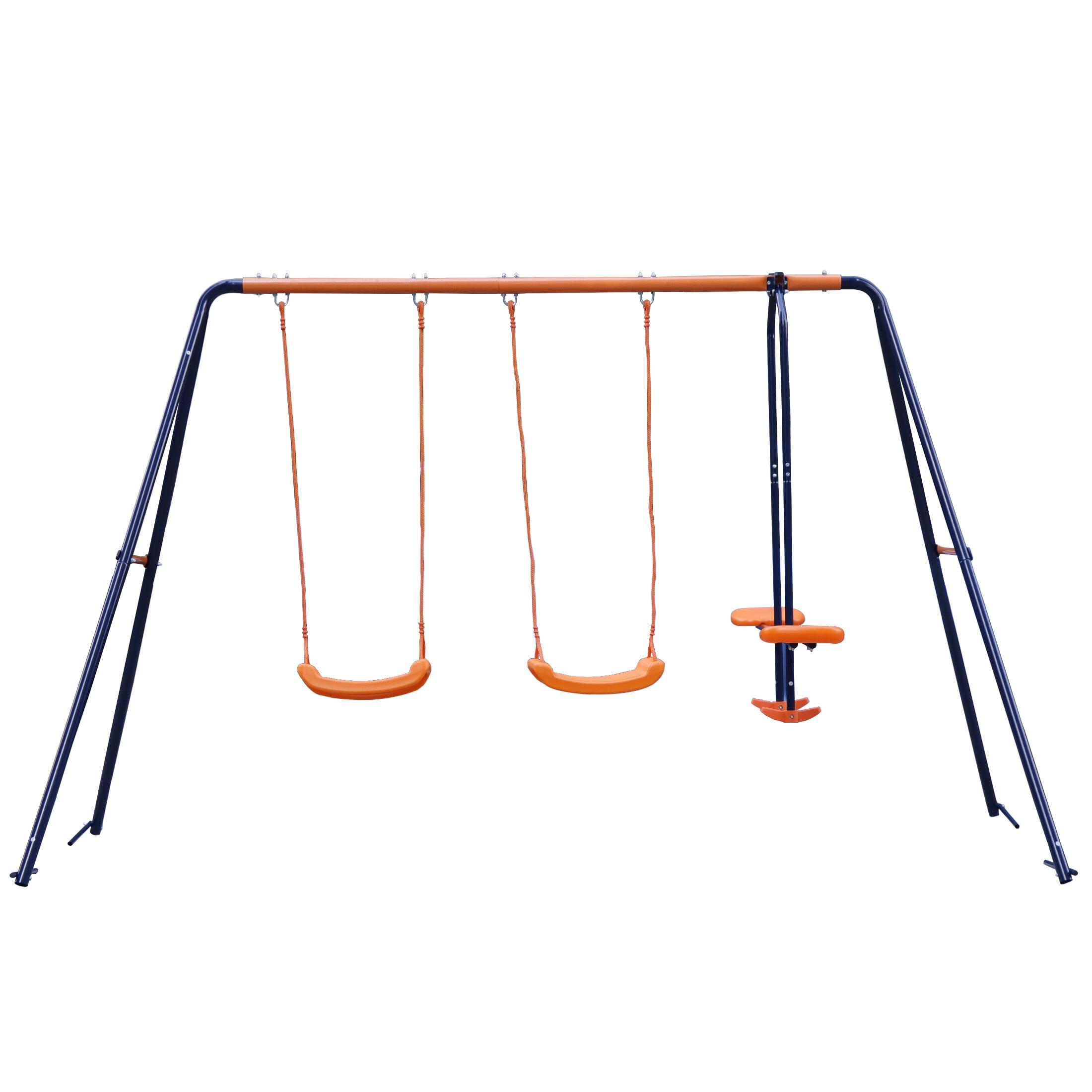 ZenSports Outdoor Kids Swing Set with 2 Seats and 1 Glider (Blue and Orange, 123 in x 61 in x 72.8 in) ga6nw