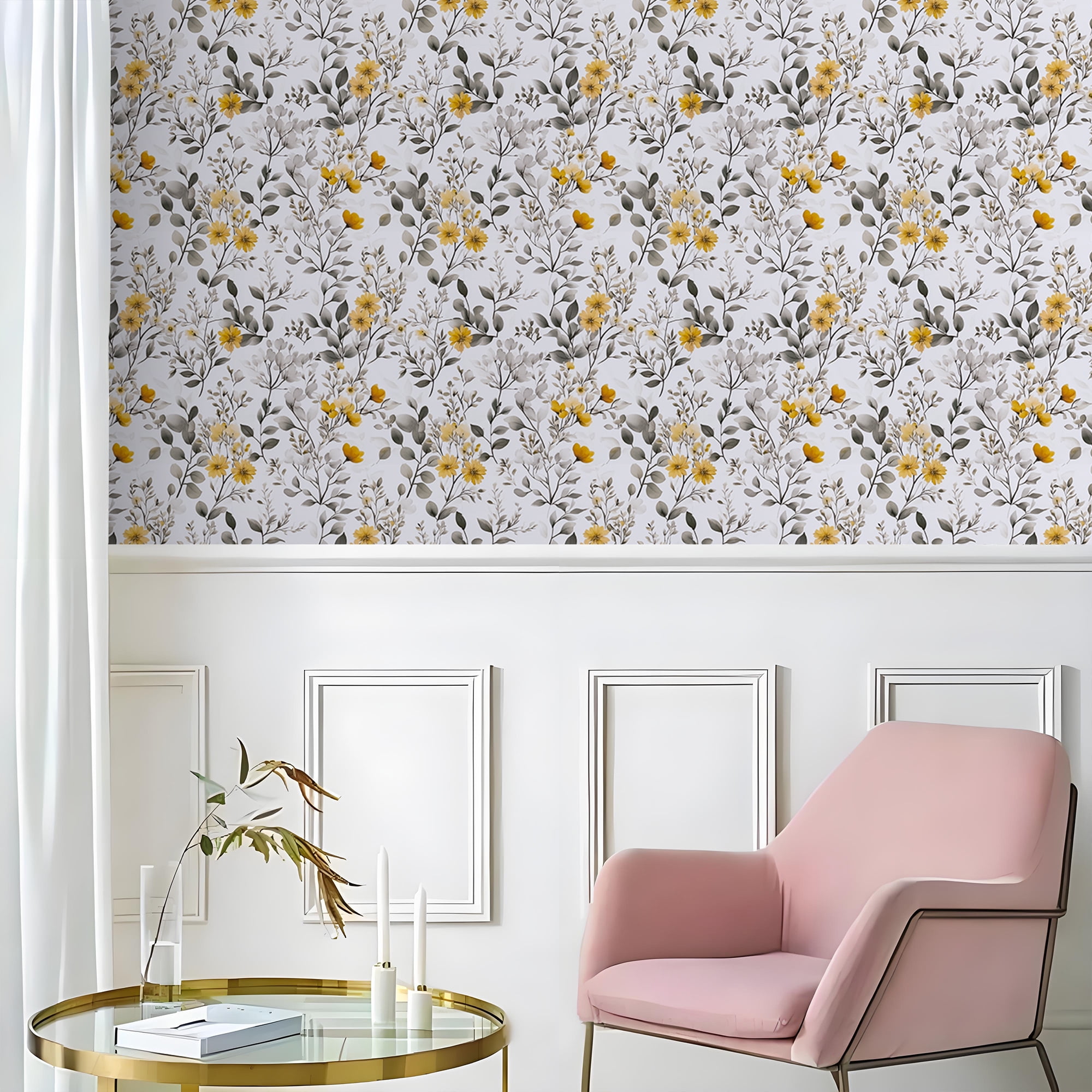 Abyssaly Floral Peel and Stick Wallpaper, Vintage Vinyl Contact Paper for Home Decor (Yellow, 17.3 in x 118 in) 54pri