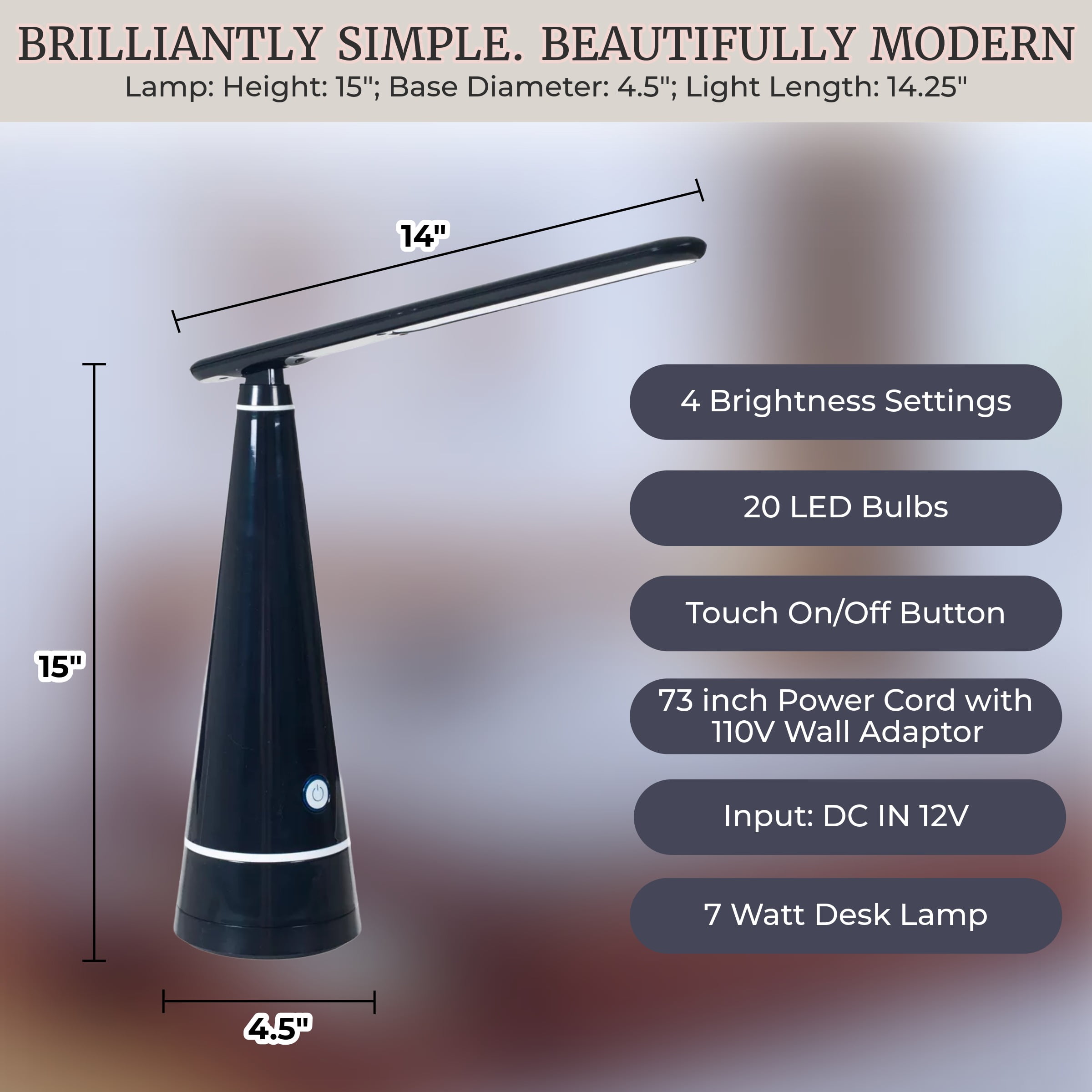 Lavish Home Modern LED Desk Lamp, Adjustable Brightness Task Light for Office and Study (Black, 15 in Height) fnj2m