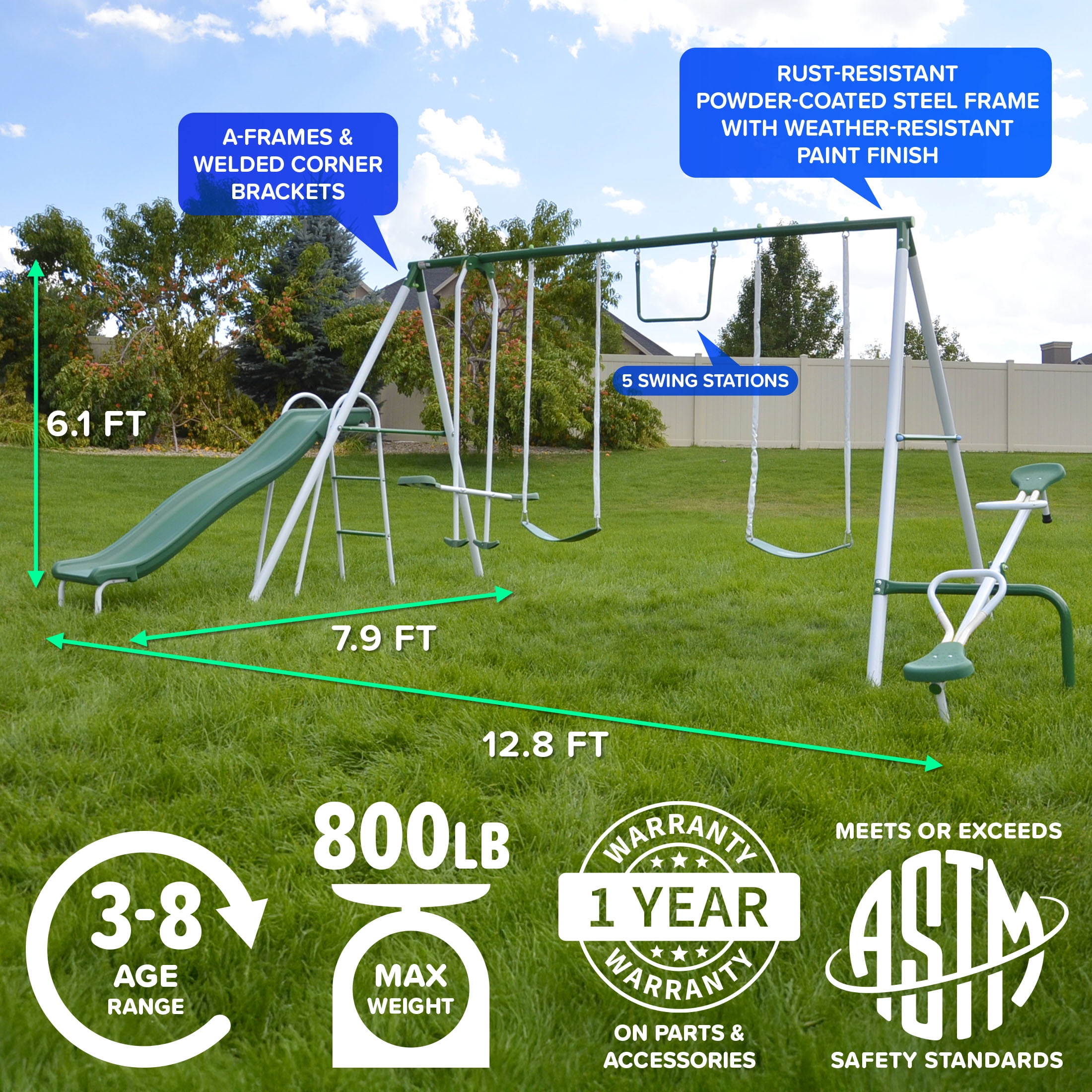 Sportspower Live Oak Metal Swing Set with 6 ft Double Wall Slide and Anchor Kit (Green) gtmnd