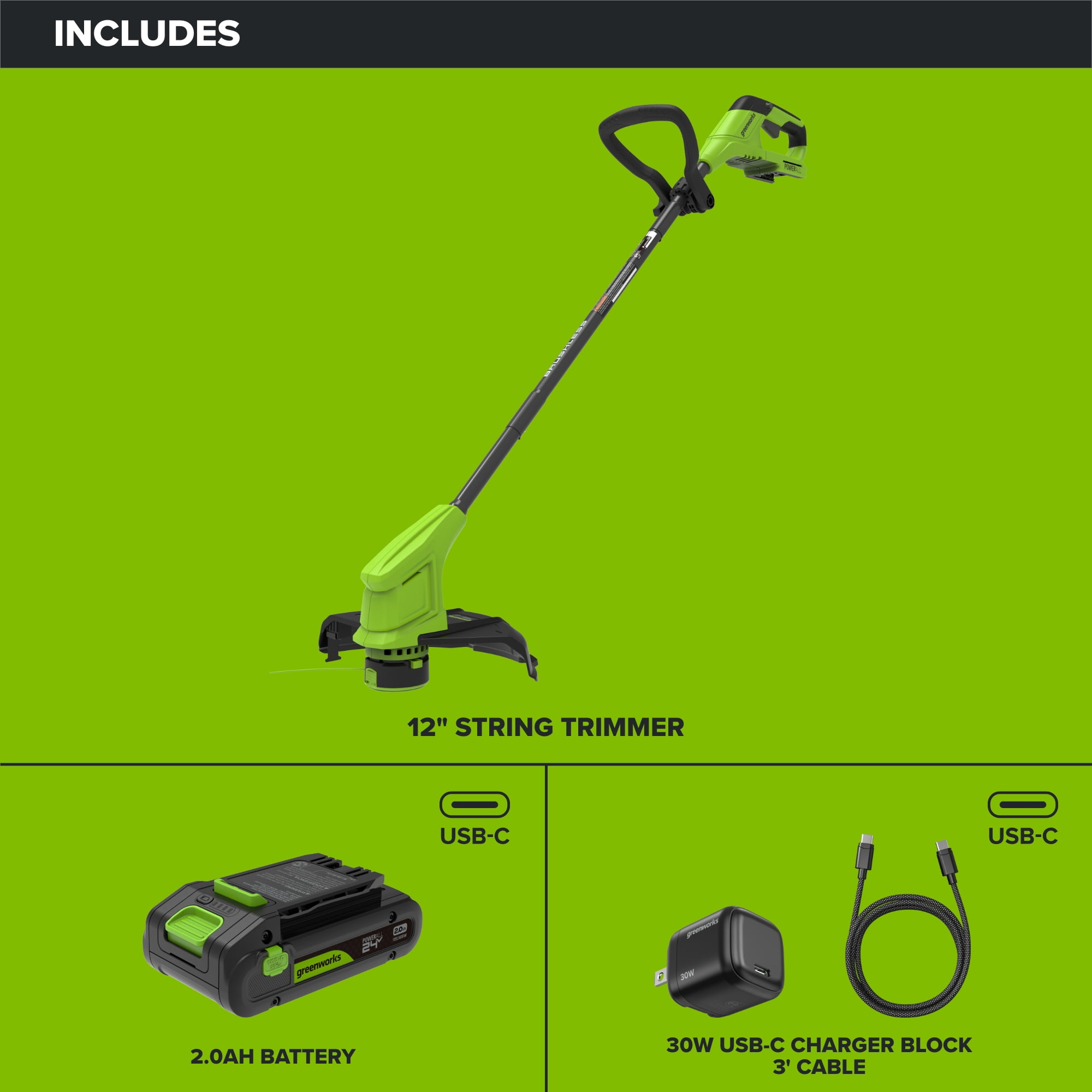 Greenworks 24V 12 in Cordless String Trimmer with 3.0 Ah Battery and Charger (Green, 12 in) 5rty9