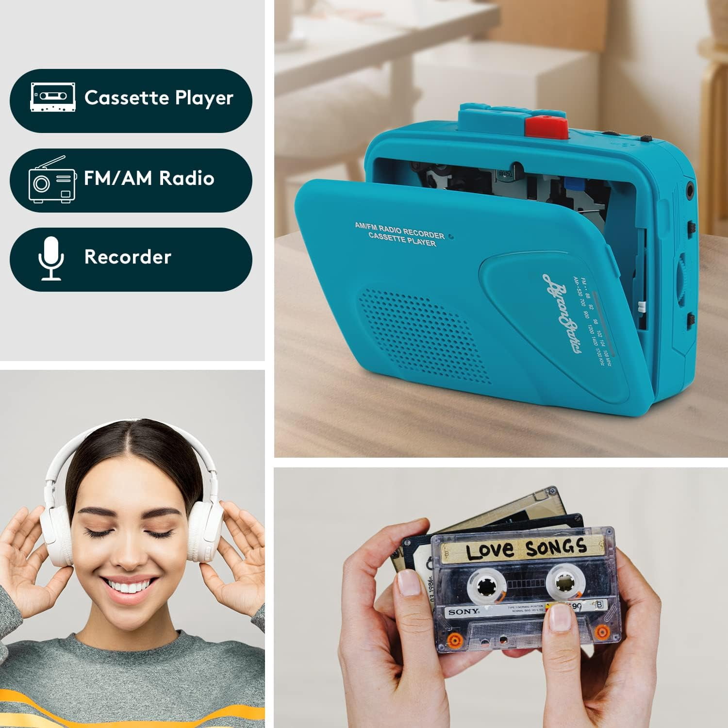 ByronStatics Portable Cassette Player and AM/FM Radio Recorder (Teal, 4.72 x 3.54 x 1.18 in) 3nth1