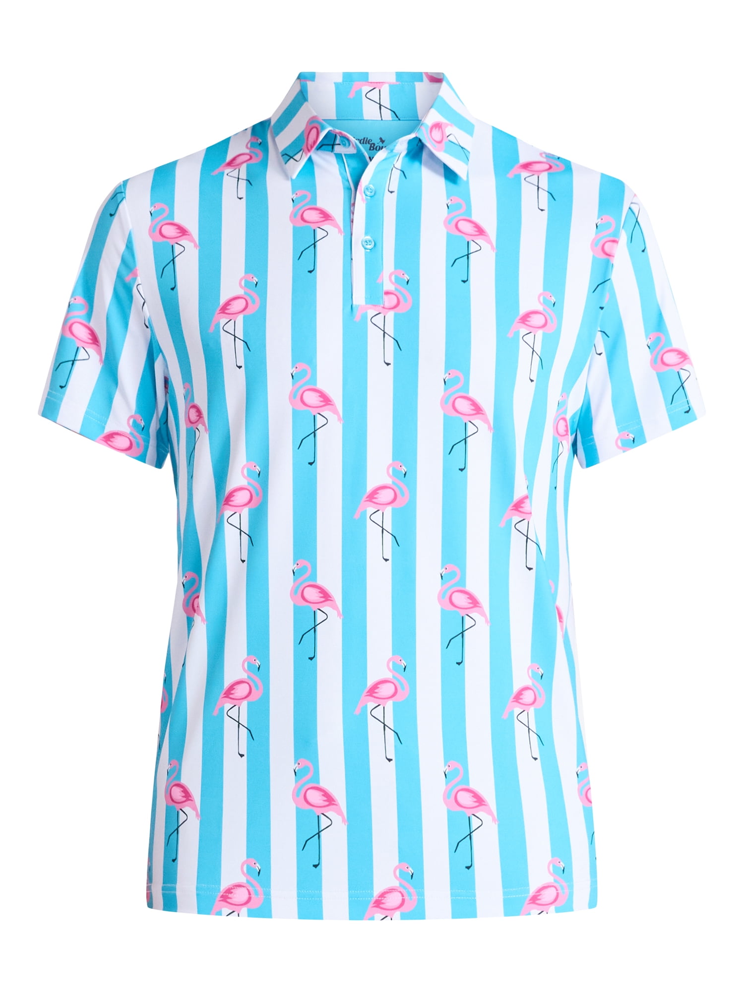 Birdie Bound Men's Beverly Stripe Flamingos Print Polo Shirt (Blue, XS-4XLT) 4lm7p