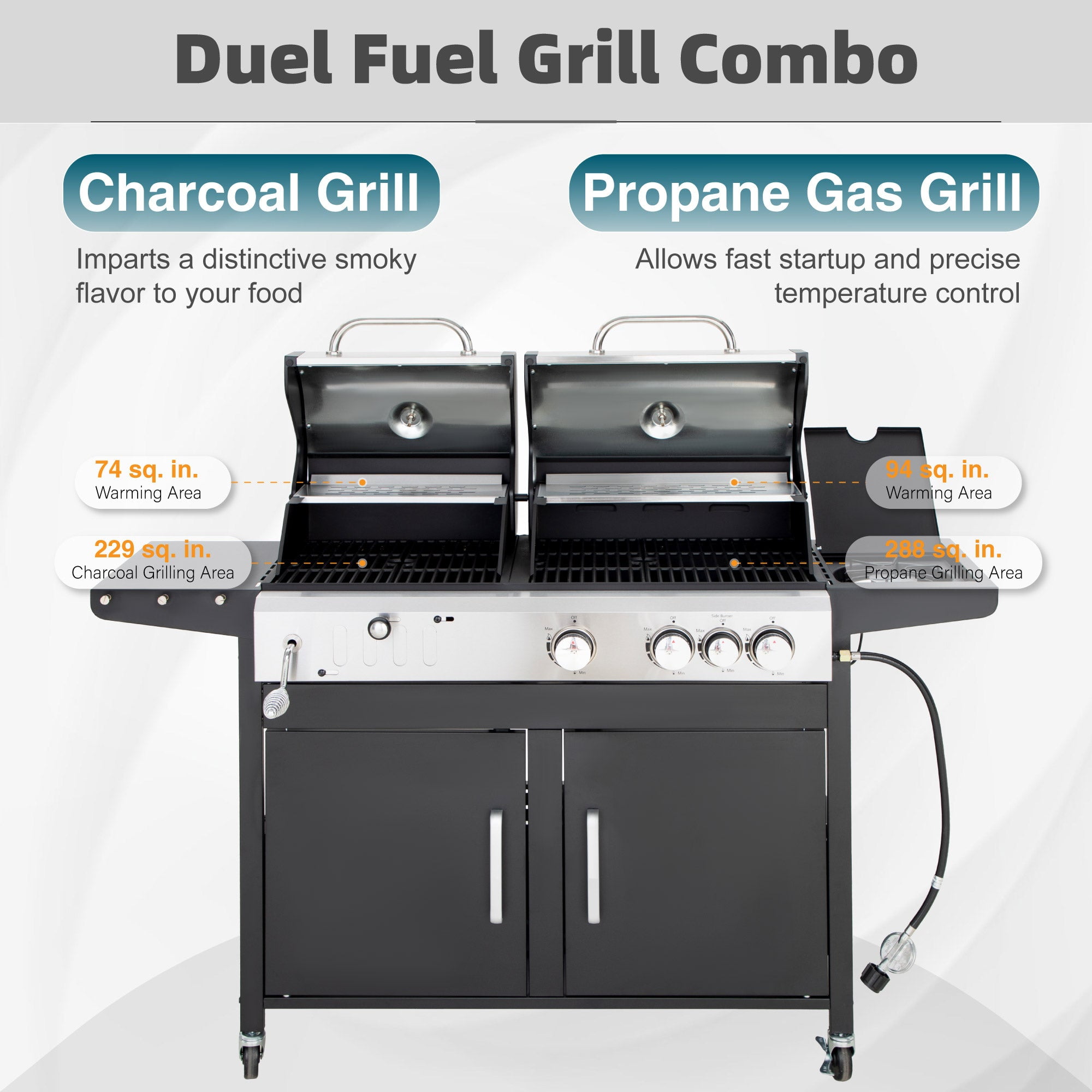 Alpha Joy Dual Fuel Gas and Charcoal Grill Combo with 3 Burners and Side Burner (Black, 685 sq in) 0fuzt