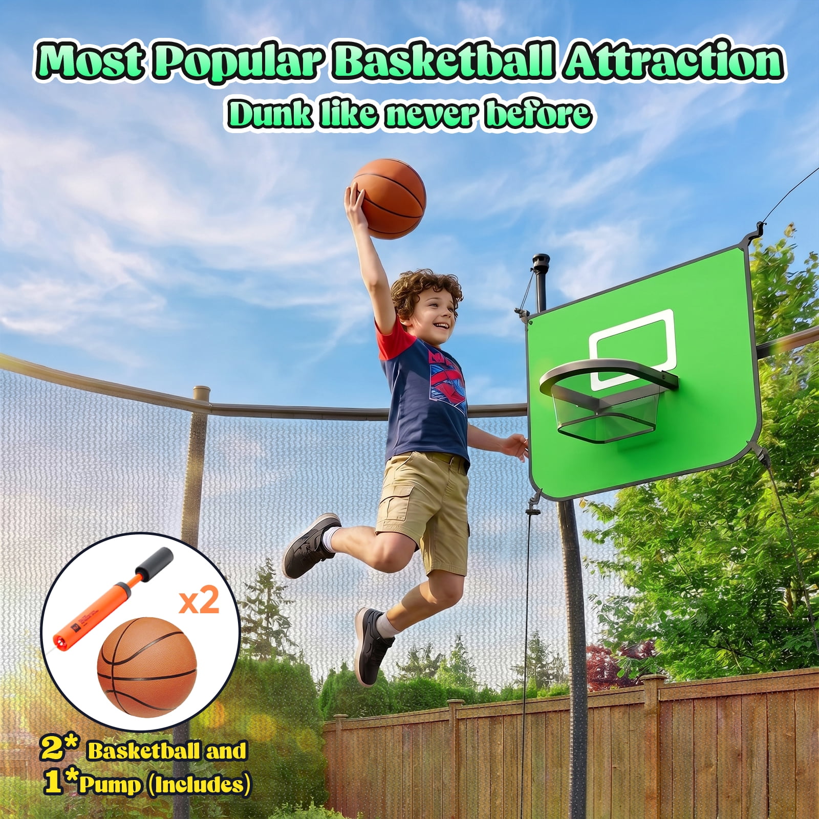 Gardwin Round Outdoor Trampoline with Safety Enclosure, Ladder, Sprinkler, and Basketball Hoop (Green, 12 ft) 8w8tp