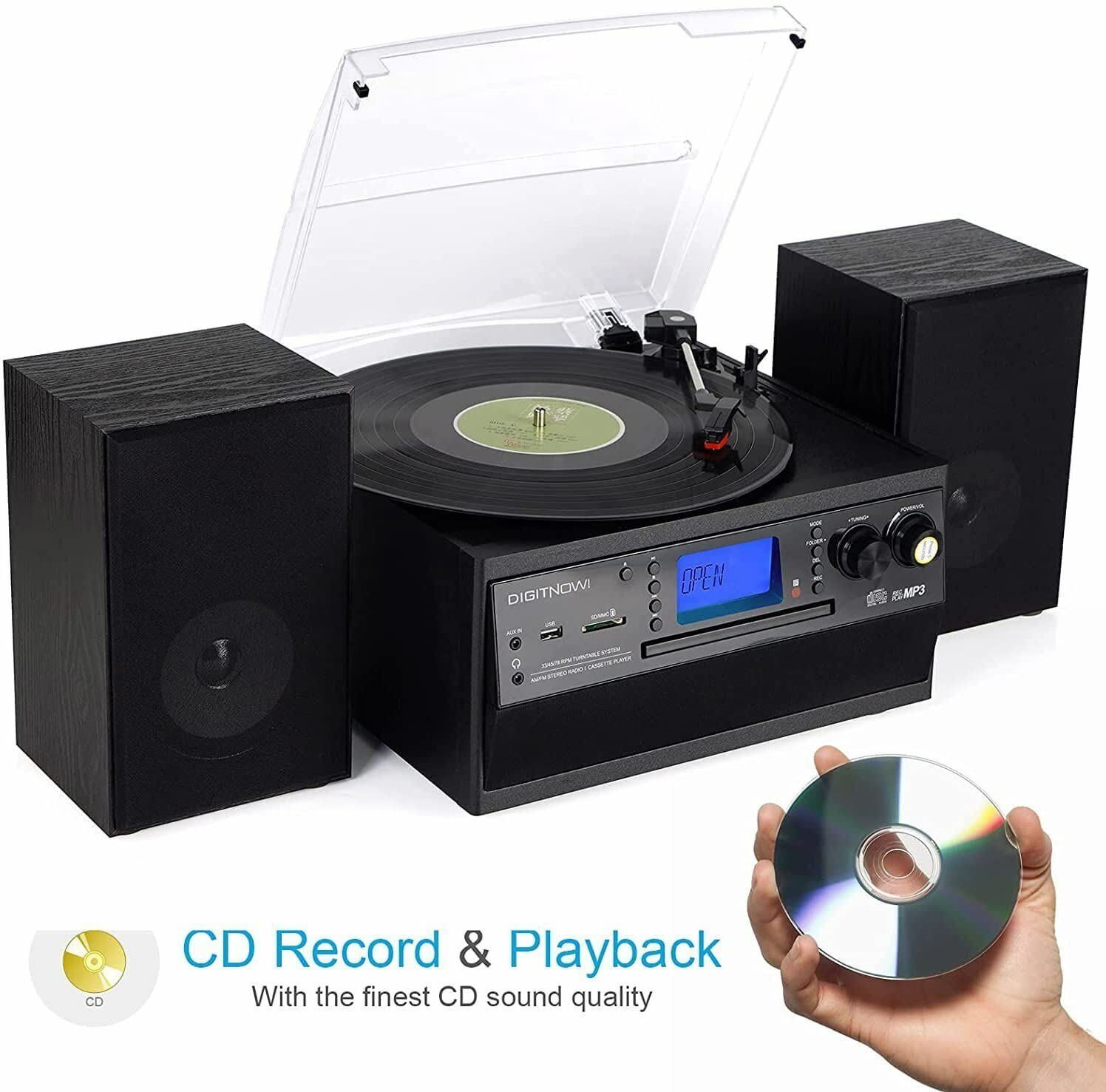 EYESEN Vintage Record Player with Bluetooth, CD Player, Cassette Deck, and AM/FM Radio (Stereo Speakers, Remote Control) bshug