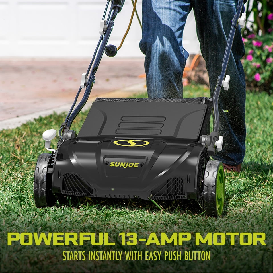 Sun Joe AJ805E Electric Lawn Dethatcher and Scarifier, 13-Amp Motor, 15-Inch Cutting Width (Green) kjv9c