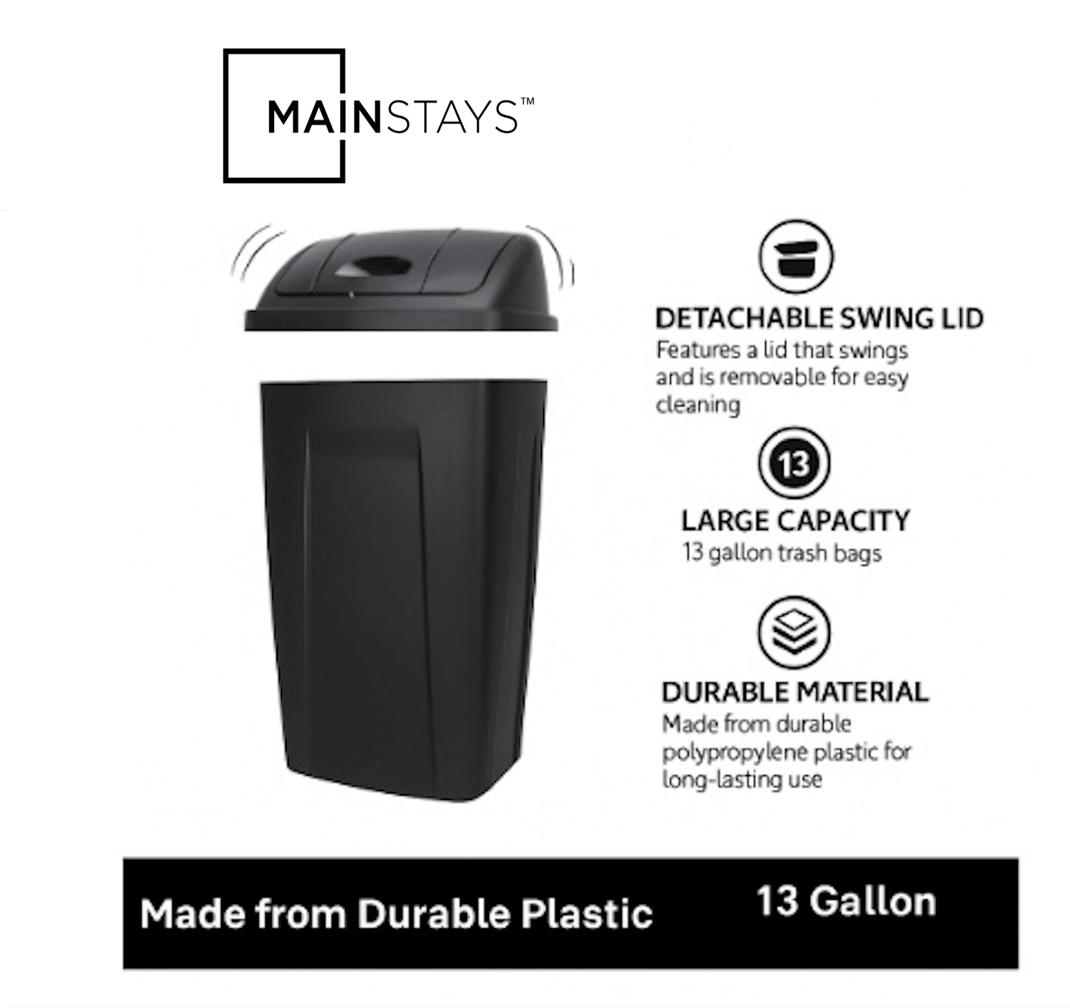 Mainstays Kitchen Trash Bin with Swing Top Lid (Black, 13 Gallon) 9zobs