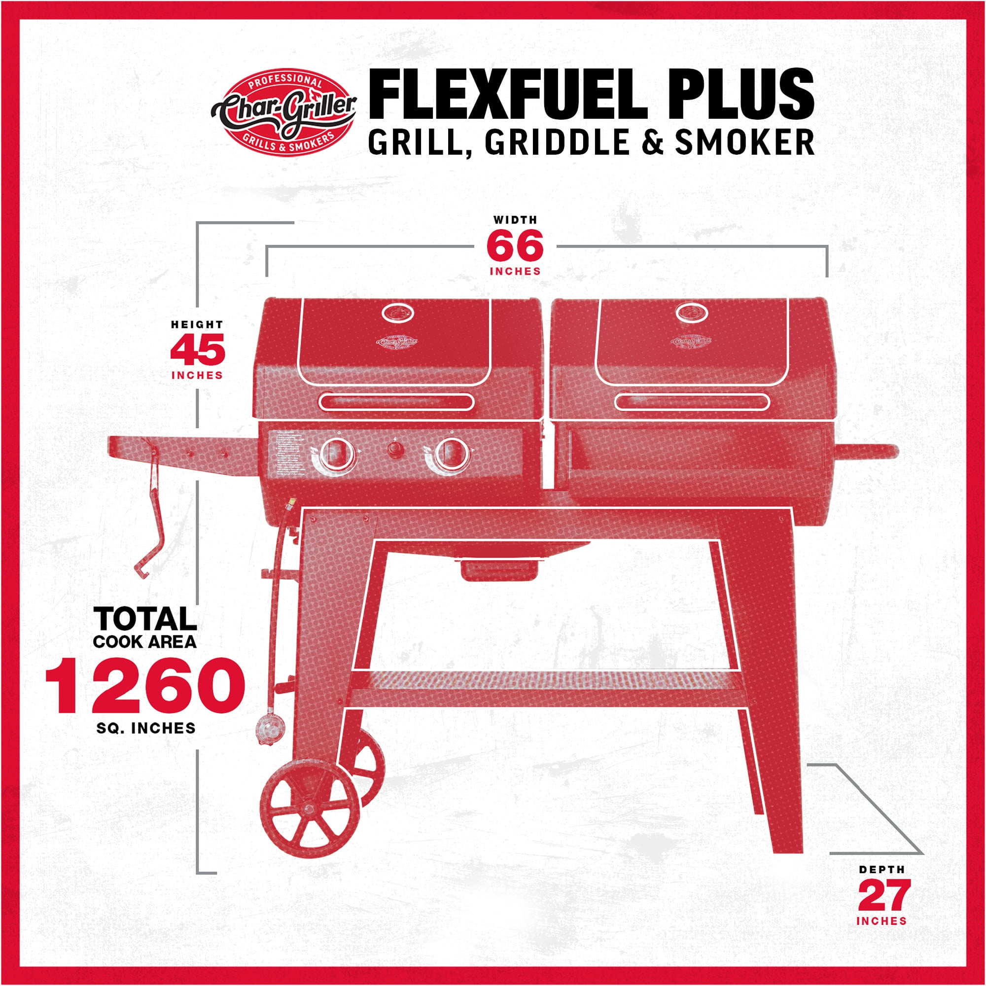 Char-Griller Flex Fuel Plus Gas and Charcoal Grill, Griddle and Smoker (Black, 1260 sq in) 2h6kx