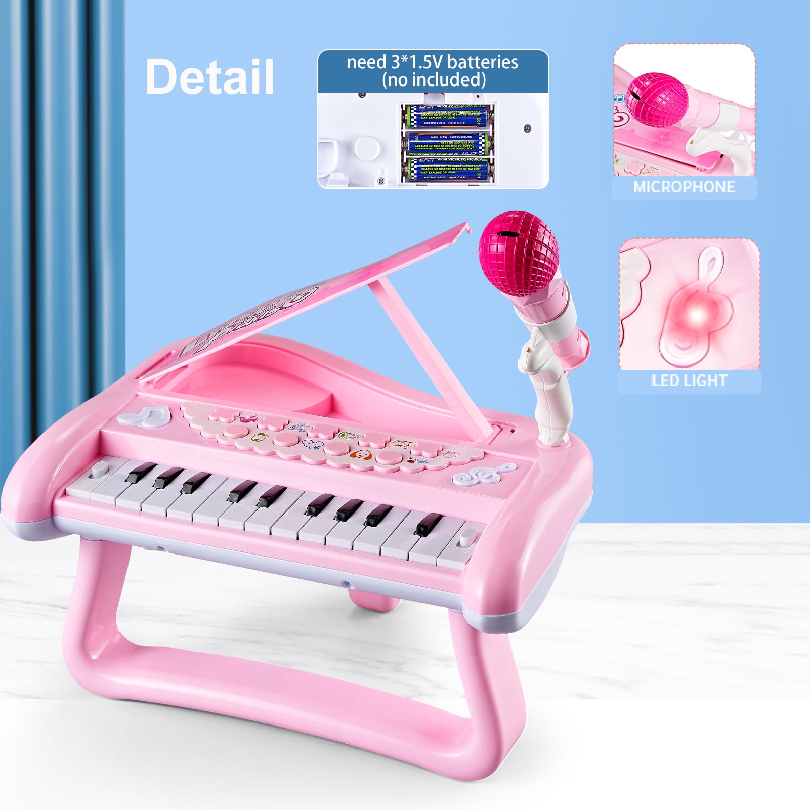 Tepear Musical Keyboard Piano Toy for Toddlers, 22-Key Educational Instrument with Microphone (Pink, 15 in x 8 in) 61jsc