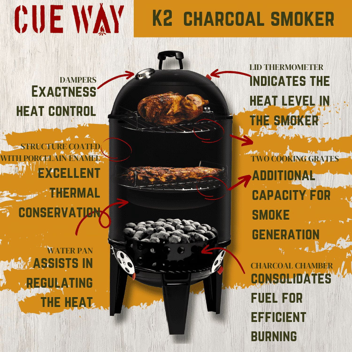 CUE WAY K2 Vertical Charcoal Smoker, Heavy-Duty Outdoor BBQ Grill (Black, 17 in) tcx0z