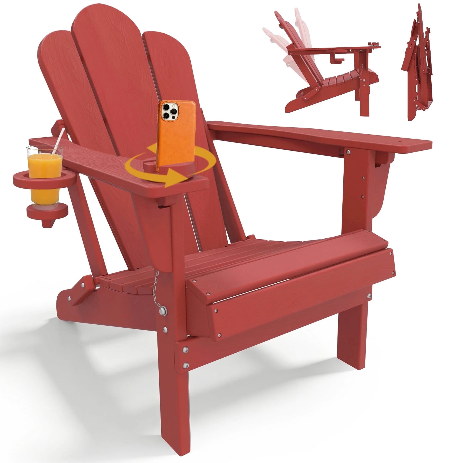 Tappio Folding Adirondack Chair All-Weather HDPE Outdoor Patio Chair with 3-Position Adjustable Backrest and Device Holder (Red) ttu2p