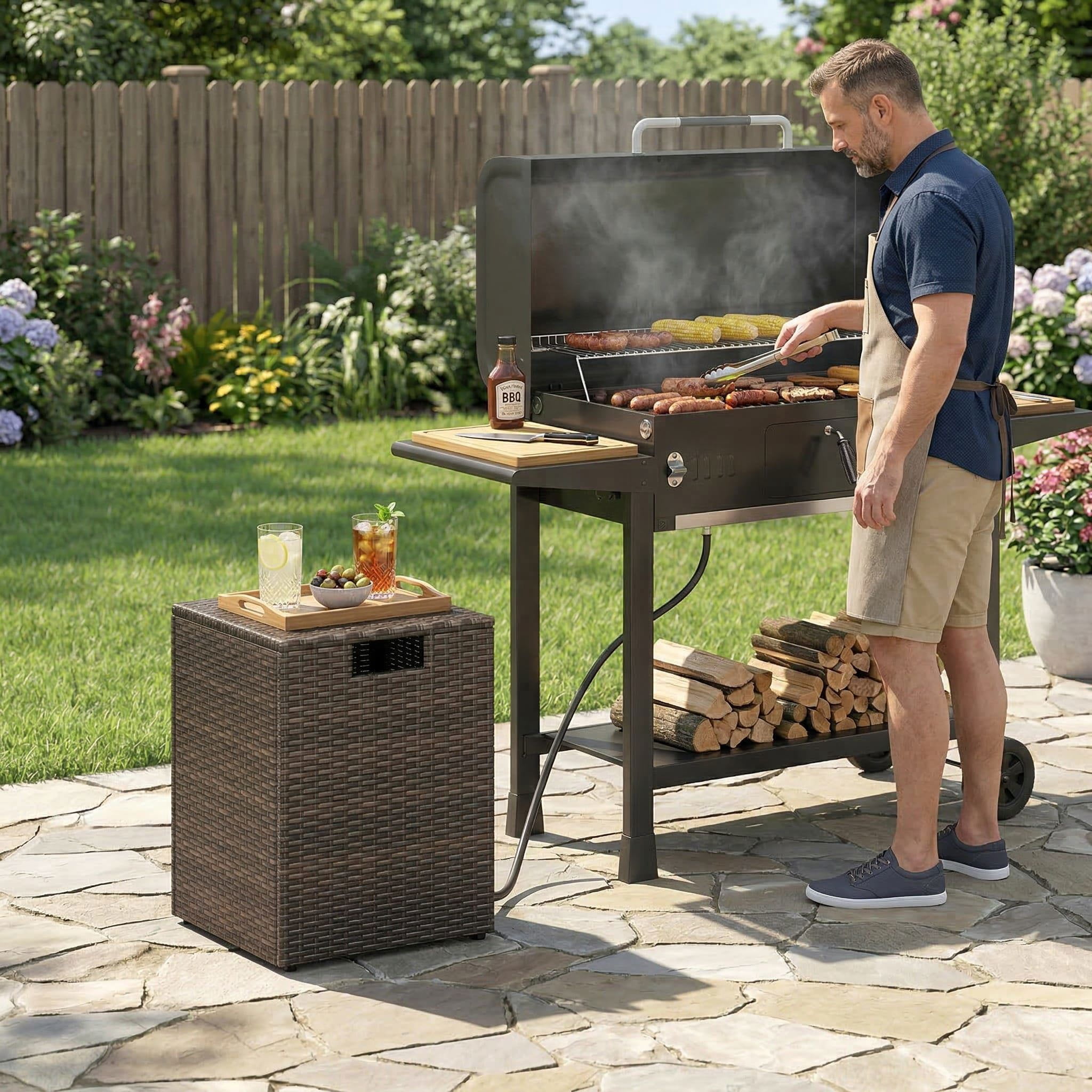 Resenkose Handwoven Rattan Propane Tank Cover, 2-in-1 Patio Side Table for 20 lb Gas Tank (Brown) 1oej1
