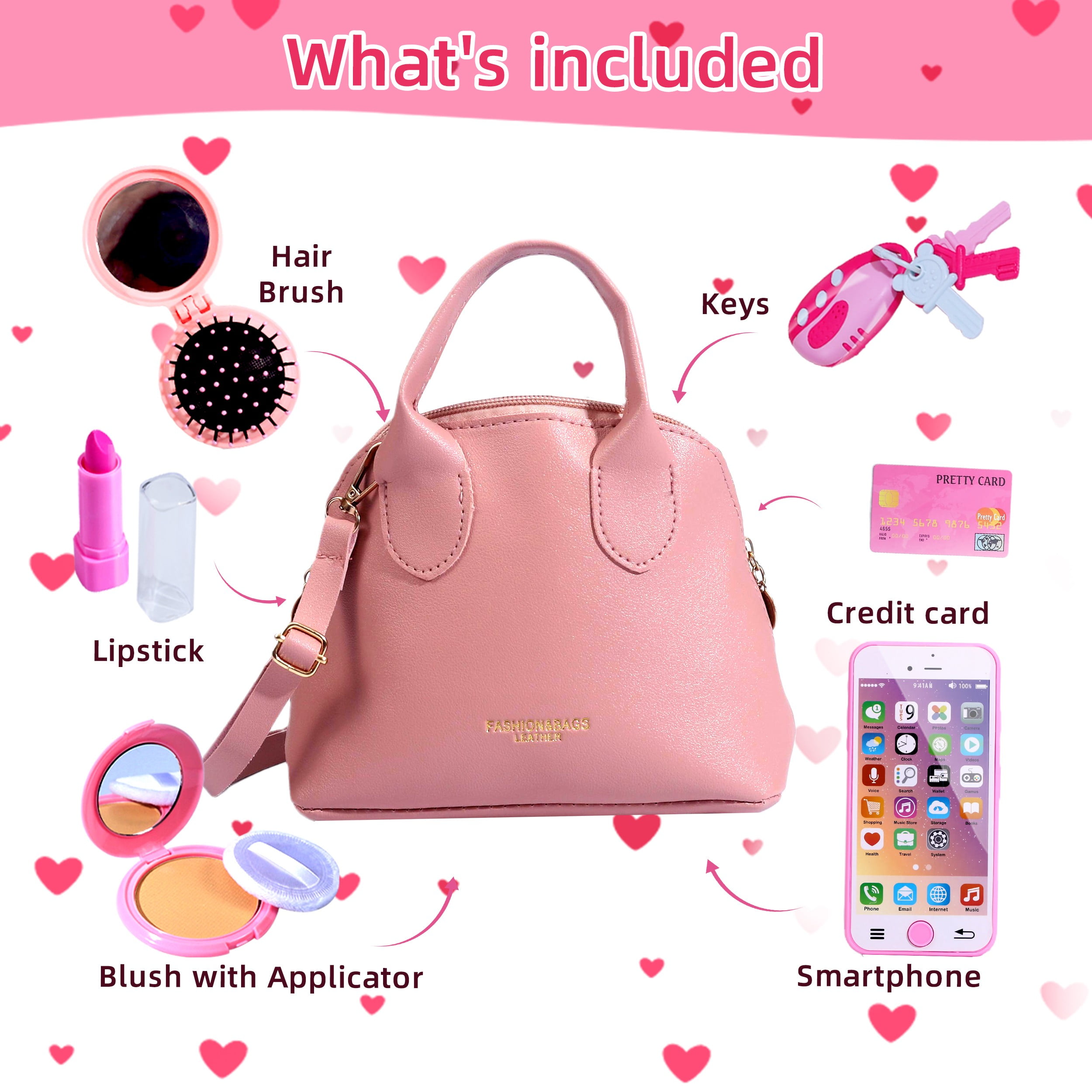 TiokMc Princess Play Purse Set, Pretend Makeup and Fashion Accessories for Kids (Pink, 31-Piece) qjp2q