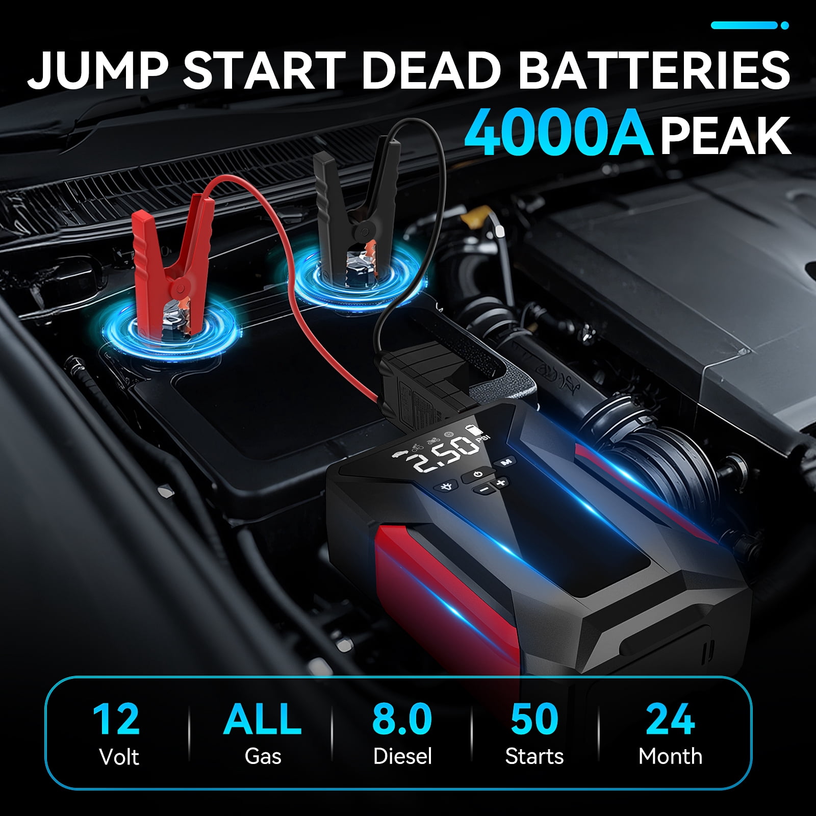 Amybaby 8-in-1 Emergency Jump Starter and Tire Inflator, 4000A Peak Portable Power Bank with 150PSI Air Compressor (1 Unit) zk7os