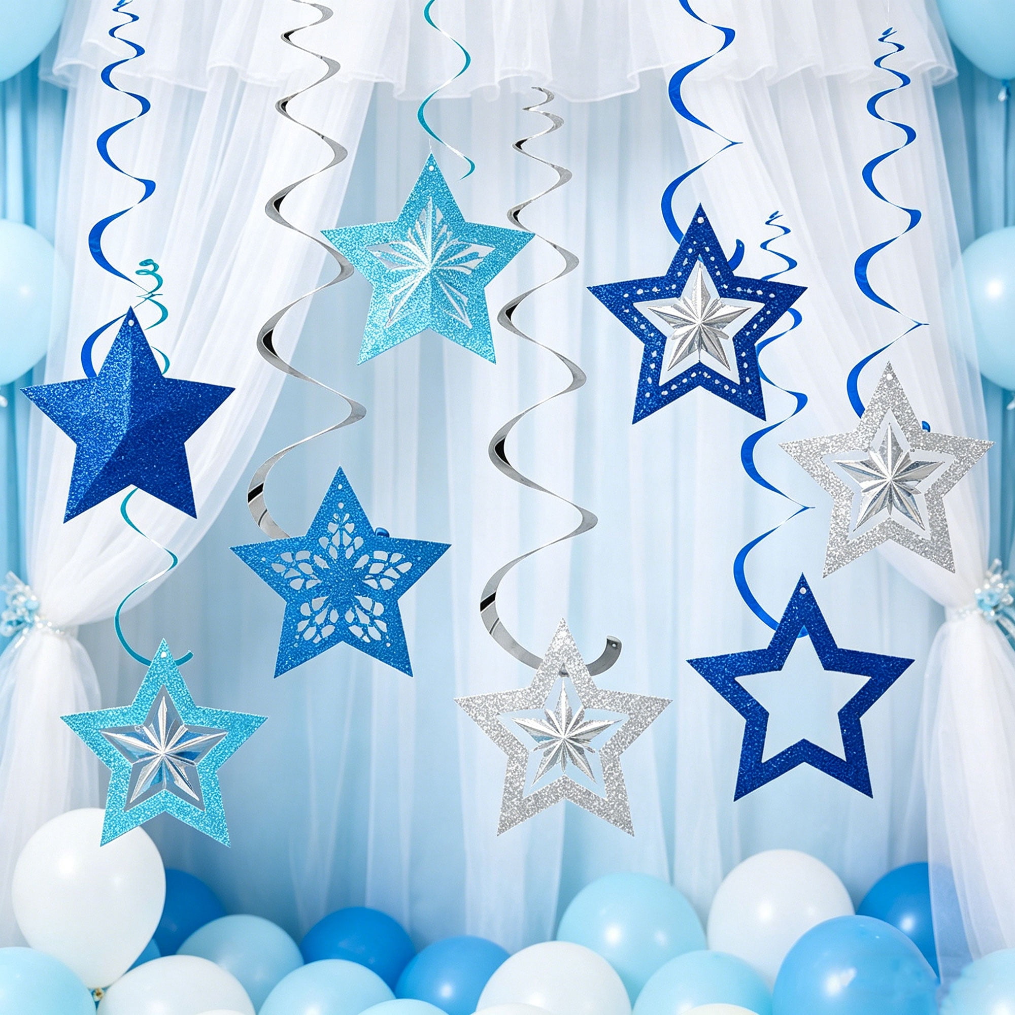 Tripumer Star Swirl Hanging Decorations Party Streamers for Birthdays and Weddings (Silver Blue, 24 Pack) g3ppe