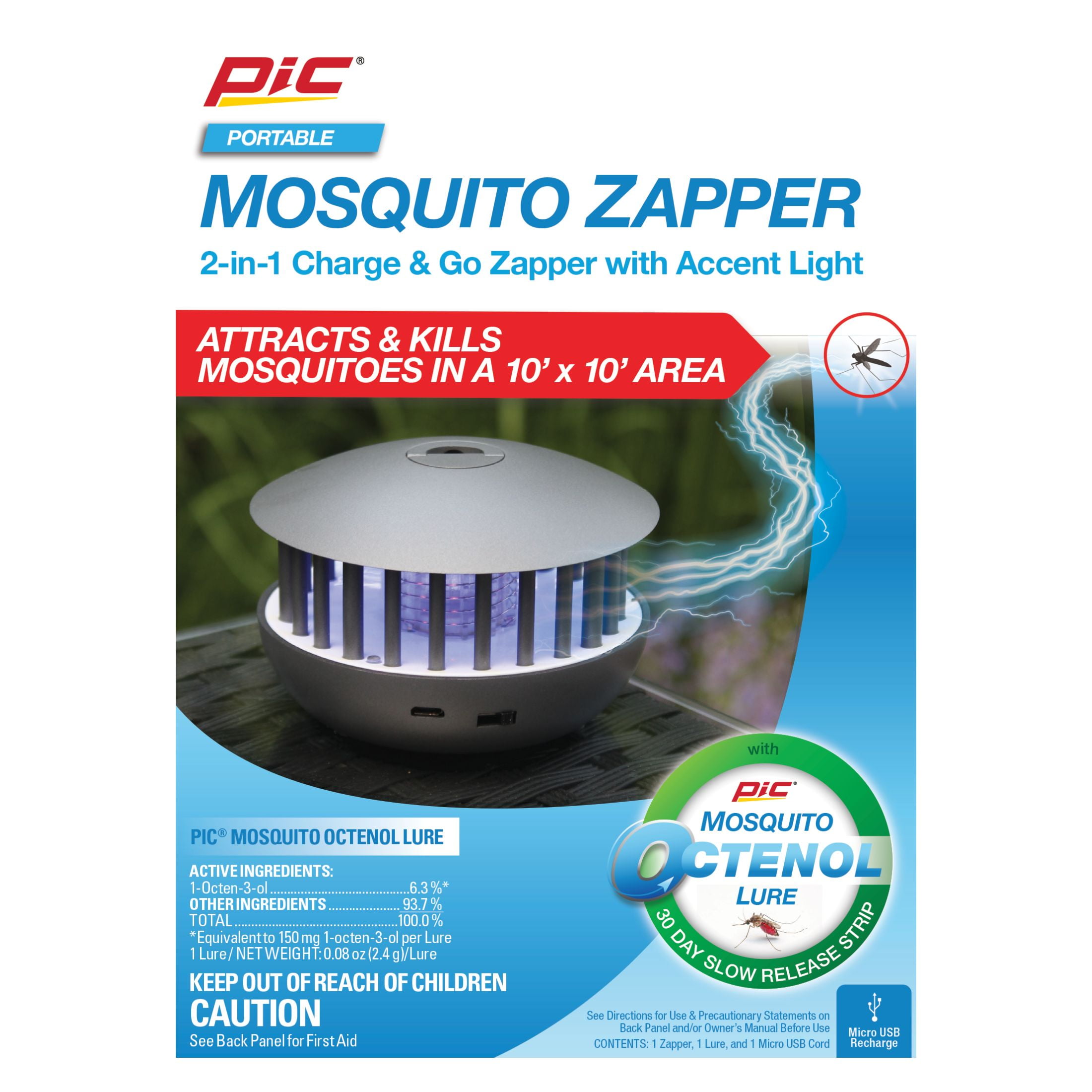 Pic Corporation 2-in-1 Portable Mosquito Zapper and Accent Light (Gray, 100 sq ft) xrzwx