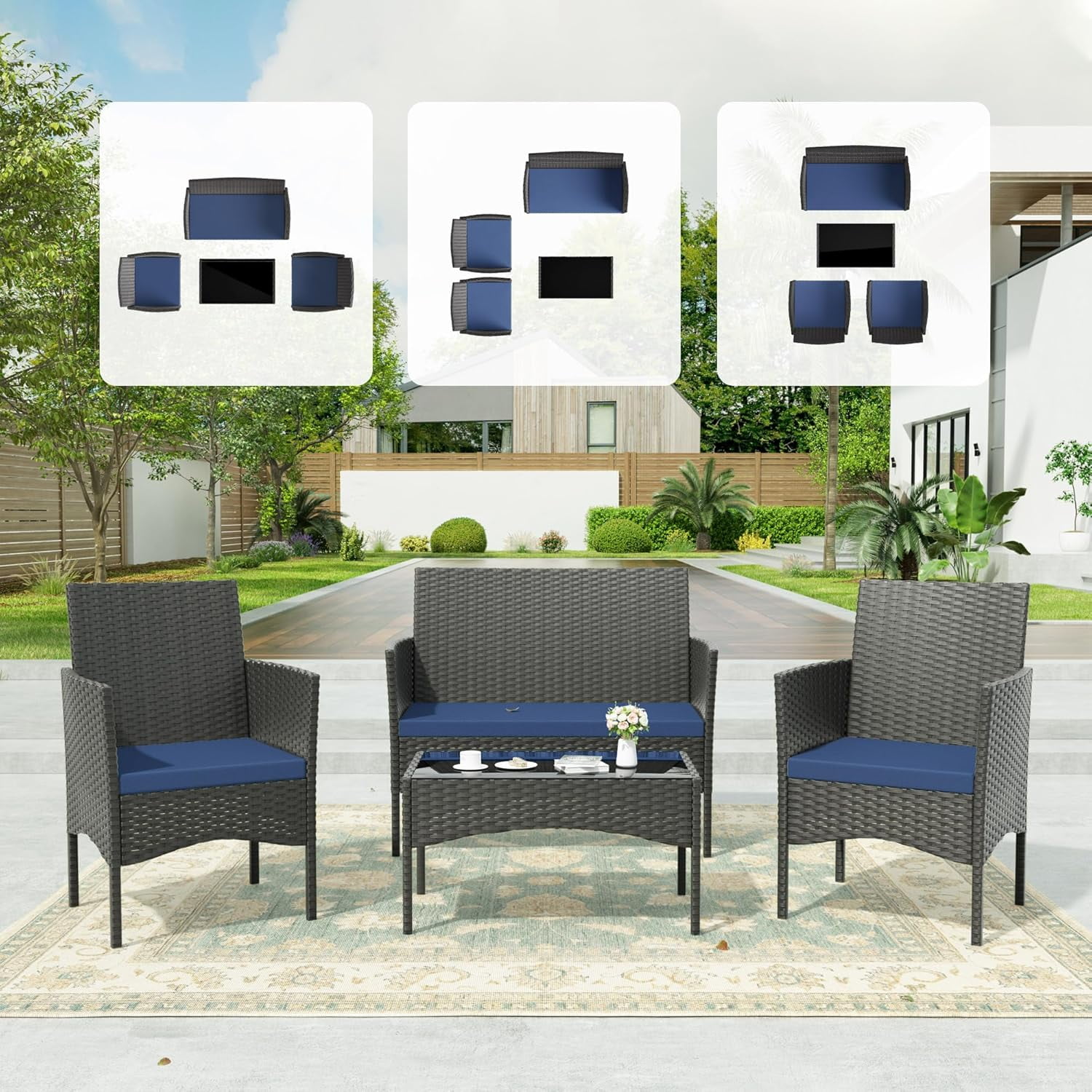 Kullavik 4-Piece Outdoor Patio Furniture Set, PE Wicker Rattan Conversation Set with Tempered Glass Table and Cushions (Navy Blue, 4-Piece Set) 1afkf
