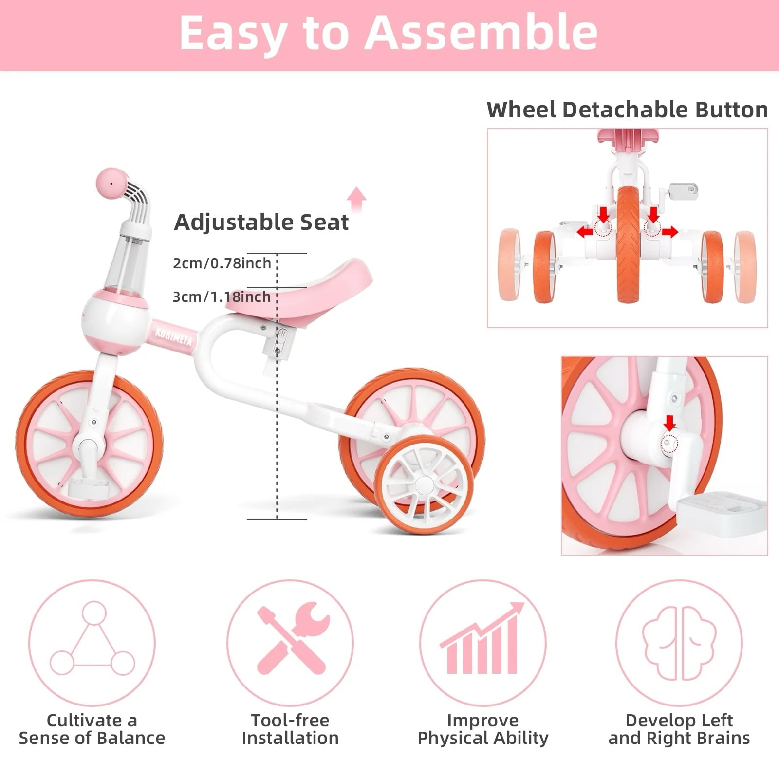 KORIMEFA 3-in-1 Kids Tricycle and Balance Bike, Convertible Toddler Riding Toy (Pink, 66.14 lb Capacity) de0ja