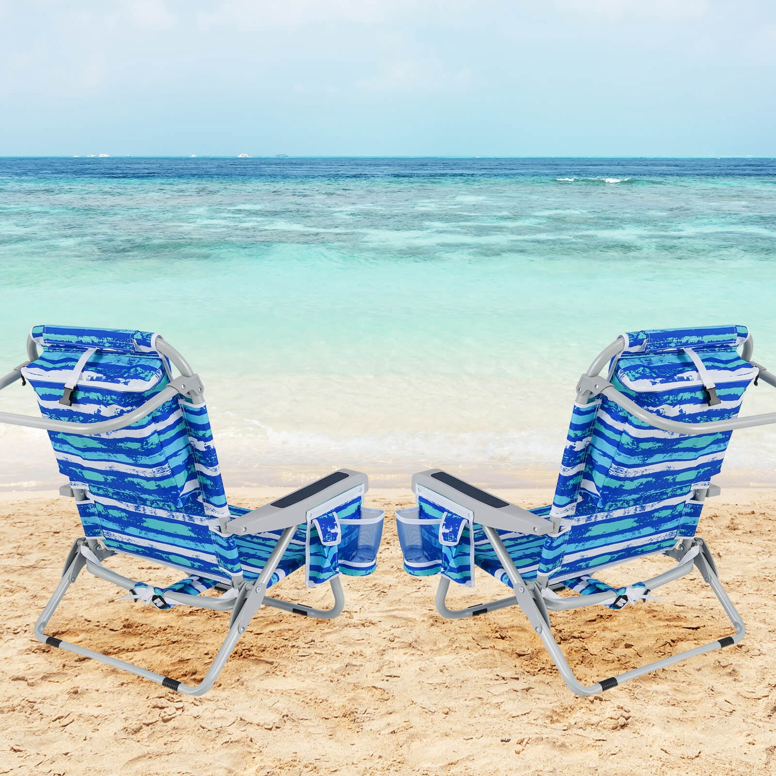Costway 2-Piece Folding Beach Chair Set Lightweight Aluminum Camping Chair with Storage (Navy, 2-Pack) 11wsf