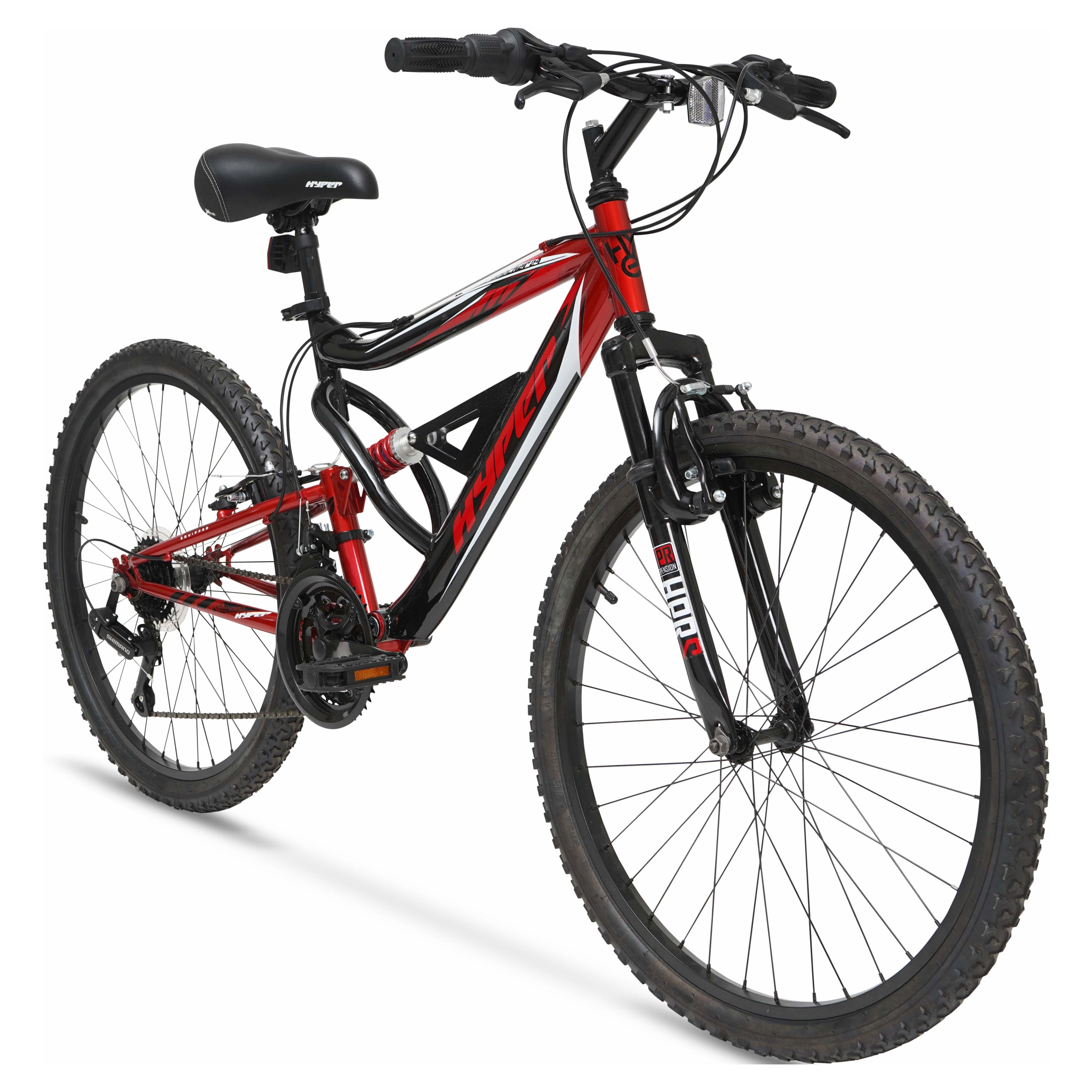 Hyper Bicycles Shocker Mountain Bike, Full Suspension, 18-Speed, Durable Steel Frame (Black/Red, 24 in) 1q8gl