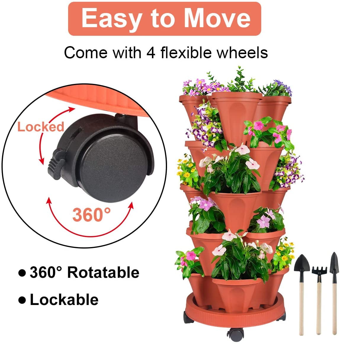 Gamexcel 5 Tier Vertical Garden Stackable Planter with Wheels and Gardening Tools (Red, 5 Tier) 4v7xm