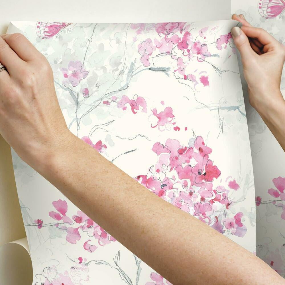 RoomMates Spring Cherry Blossoms Peel and Stick Wallpaper (Blue, 18 in x 18.86 ft) hohn8
