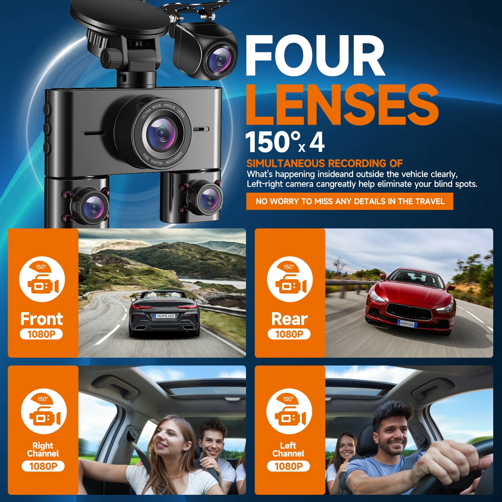 HUPEJOS 4-Channel Dash Cam 360° Car Camera System with 64GB Card, Voice Control, 2K Front & 1080P Interior/Rear Recording, WiFi & Night Vision (Black, 3.16 in Screen) x84ca