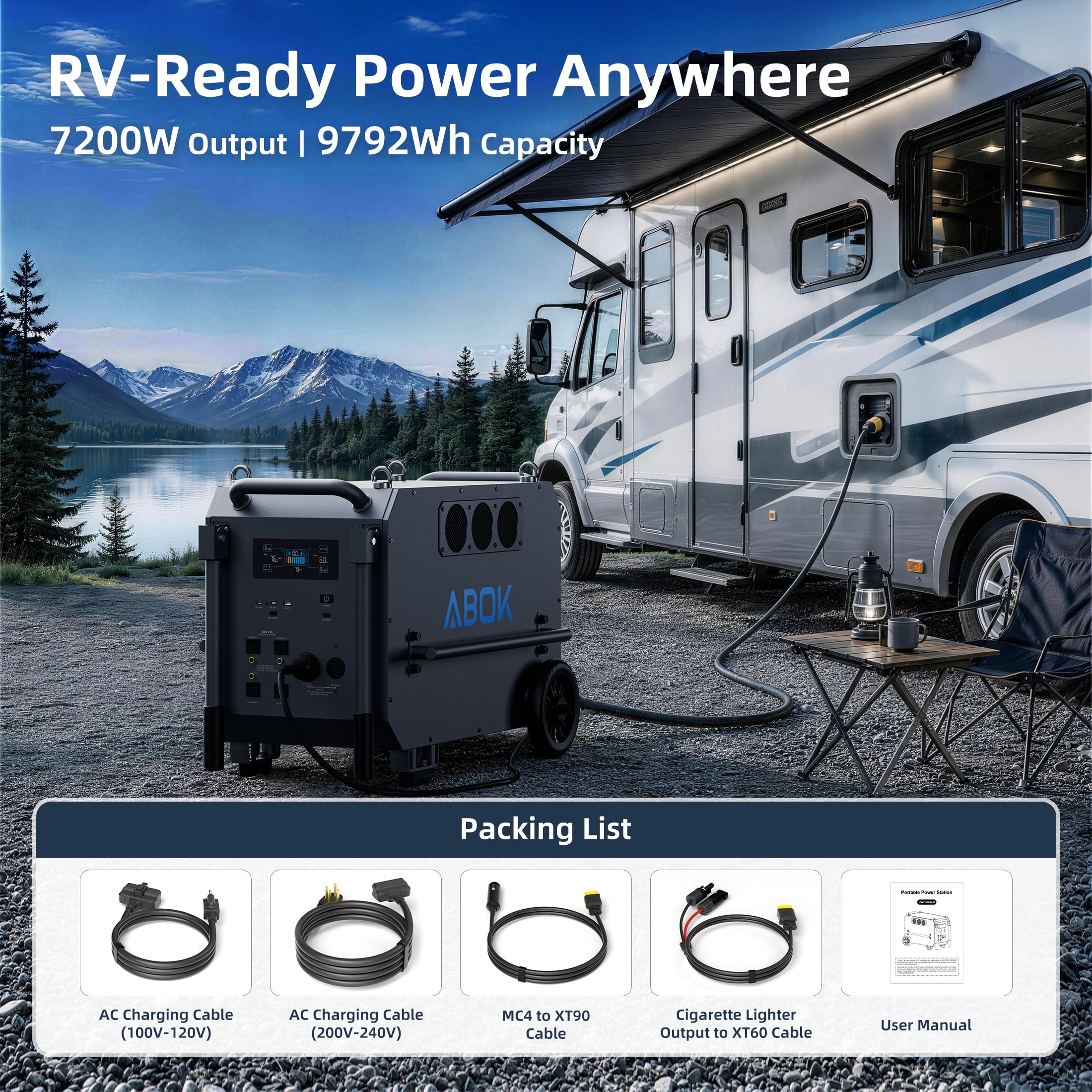 ABOK Ark7200 Portable Power Station, 7200W Solar Generator with 9792Wh LiFePO4 Battery, 120V/240V Split-Phase Backup for Home and RV (Black, 9792Wh) 13riy
