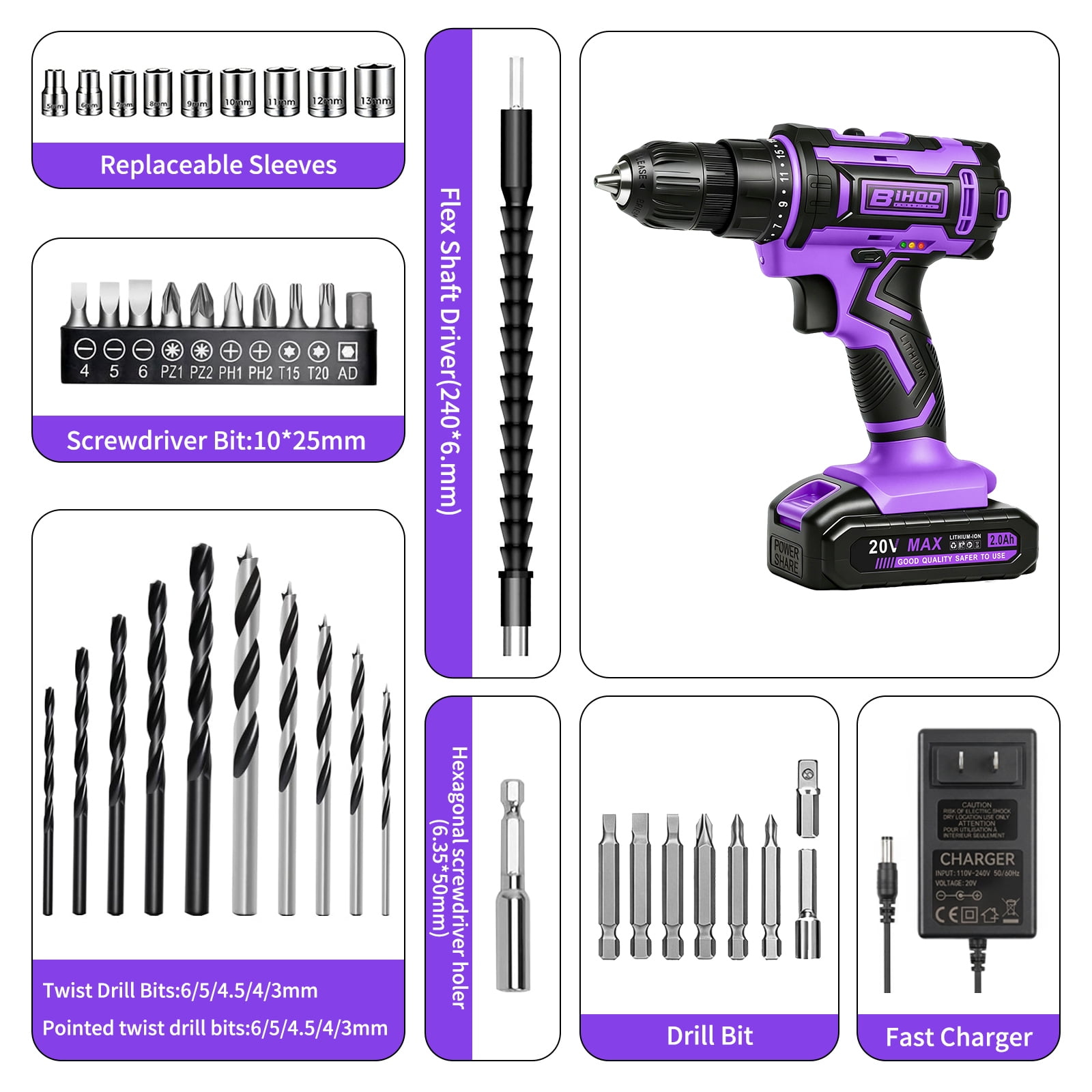 Loonpon 20V Cordless Power Drill Set with Battery and Charger (Purple, 3/8-Inch Chuck) yx8e0
