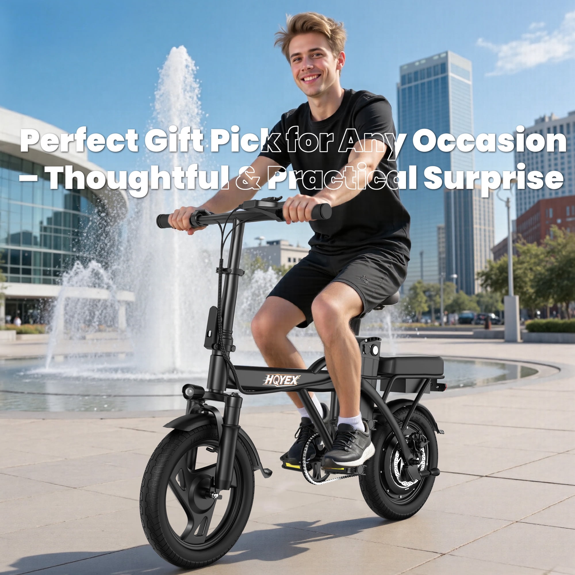 HQYEX HQ14PRO 500W Electric Bicycle, Fat Tire Ebike with 48V 9Ah Battery, 22MPH Max Speed, Dual Brakes & Full Suspension (Black, 14 in) r6hz9