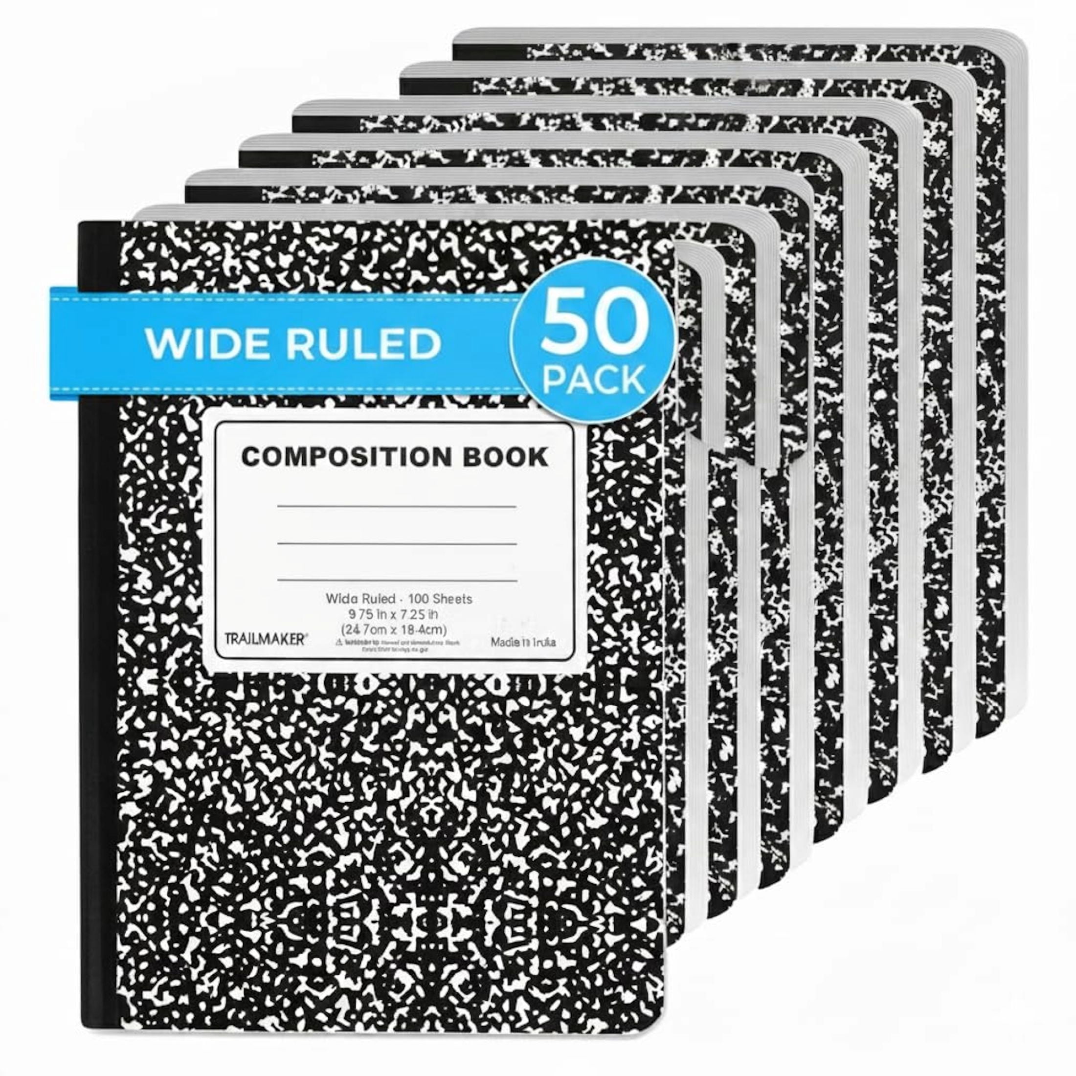 Trailmaker Wide Ruled Composition Notebooks, Durable Hardcover Journal for School and Office (Black, 50 Pack, 9.75 in x 7.5 in) 5hbjc