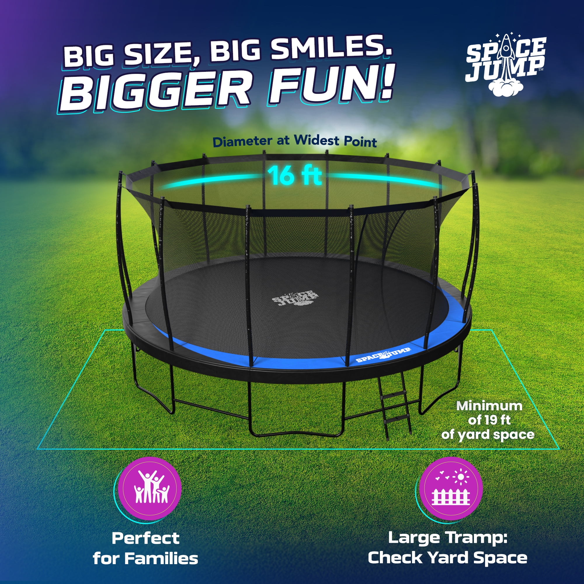 SpaceJump Lunar 16 ft Outdoor Round Trampoline with Safety Net (Black, 16 ft) mbwry