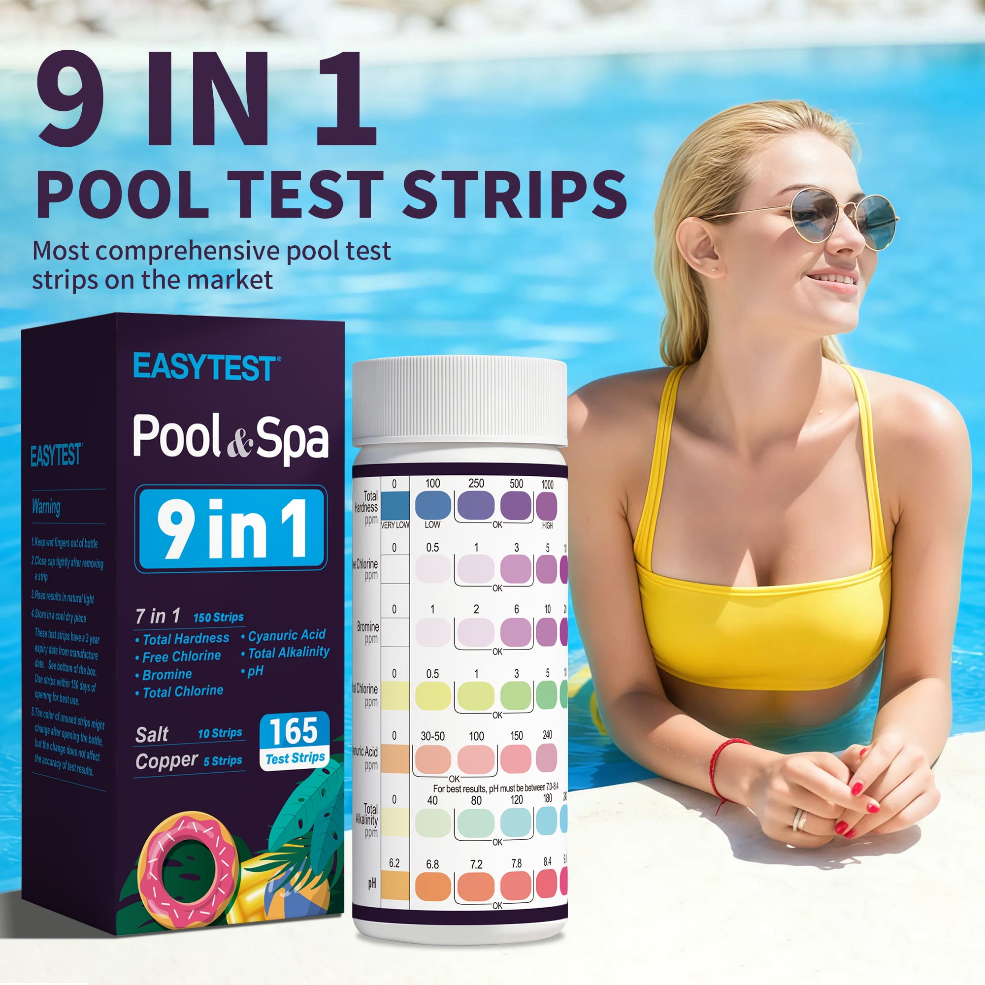 EASYTEST 9-Way Pool Test Strips for Swimming Pool, Hot Tub, and Spa Water Quality Monitoring (165 Strips) wujwm