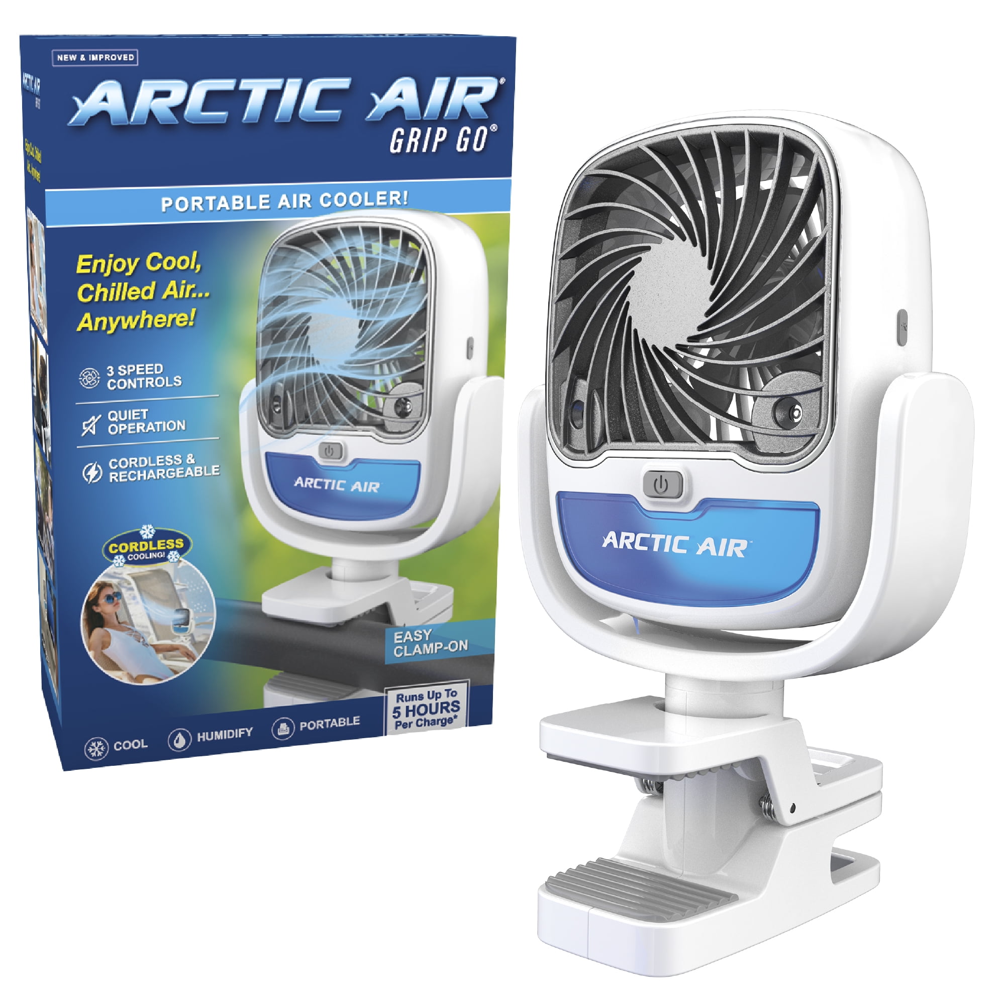 Arctic Air Grip Go Portable Evaporative Air Cooler, Rechargeable Personal Cooling Fan (White, 2.5 in Clamp) 1soy6