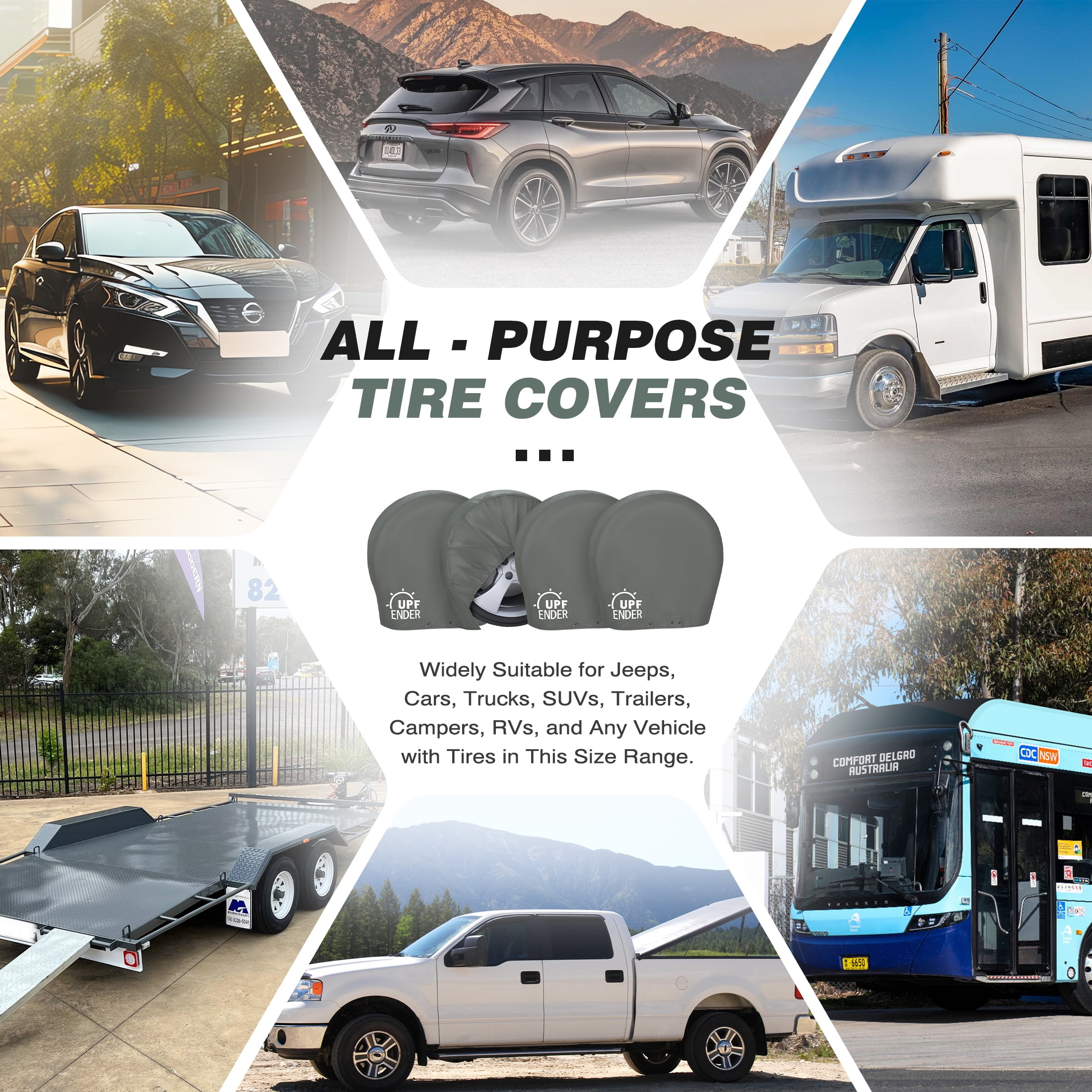UPFENDER Waterproof Tire Covers for RV Truck SUV Trailer (Grey, 4 Pack, 26-28.75 in) 0xliz