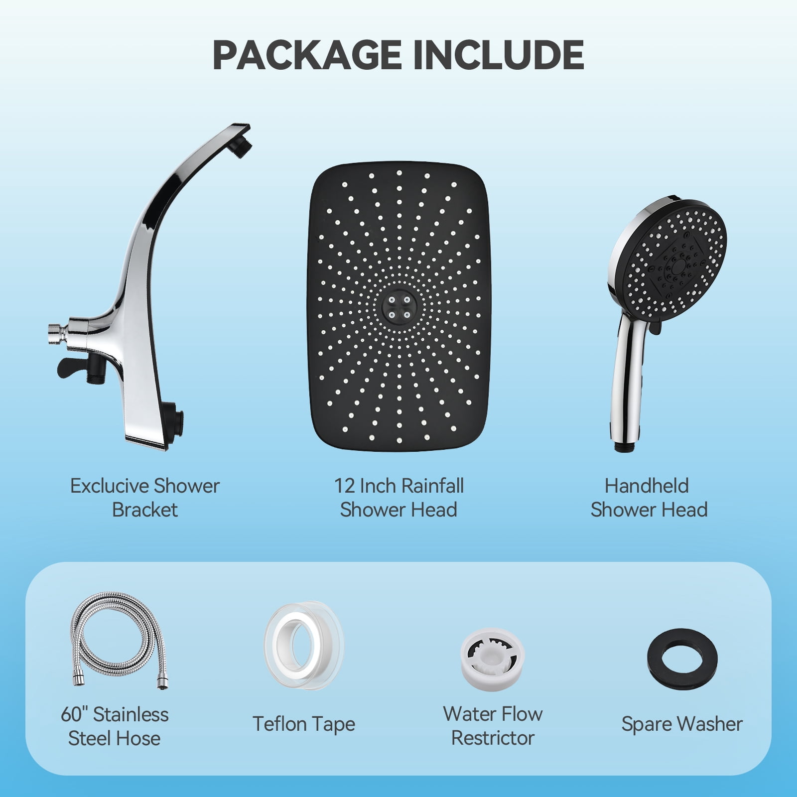 INAVAMZ 12 Inch High Pressure Rain Shower Head and 9-Spray Handheld Combo with Magnetic Docking (Matte Black, 60 in Hose) 0ys75