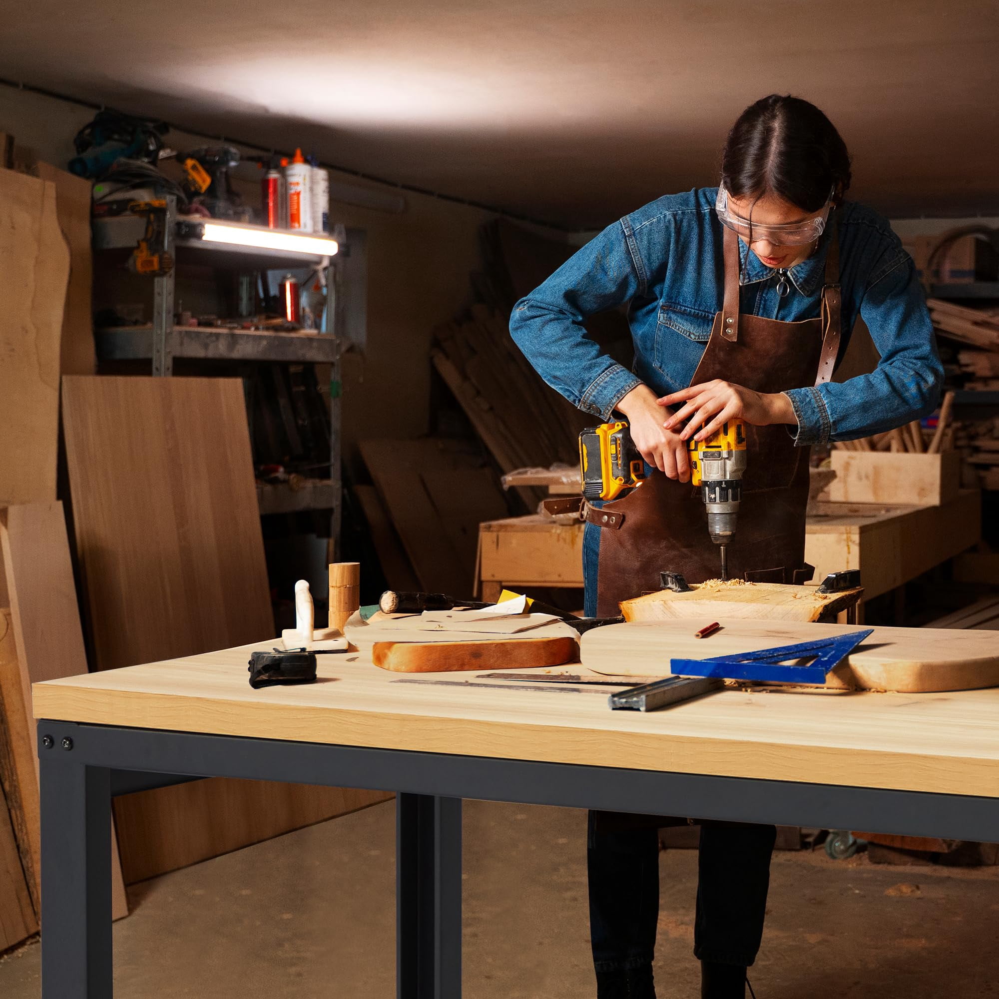 AHB Heavy Duty Adjustable Wood Workbench, Ergonomic Height-Adjustable Work Table with Steel Frame (Brown, 60 in x 24 in) 7z8x2