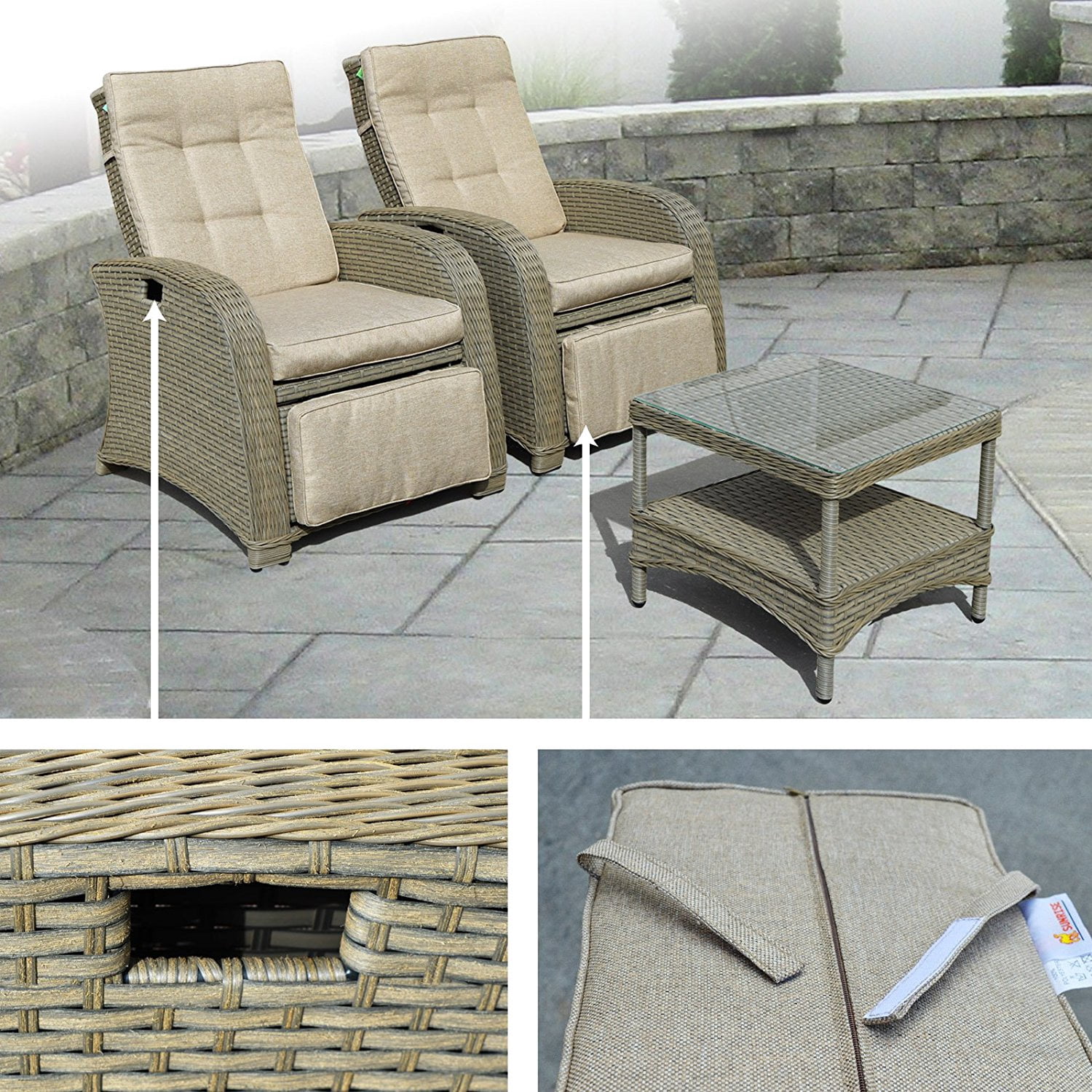 Sunny Wicker Rattan Patio Bistro Set with Cushions (3-Piece Set) 3bzw6