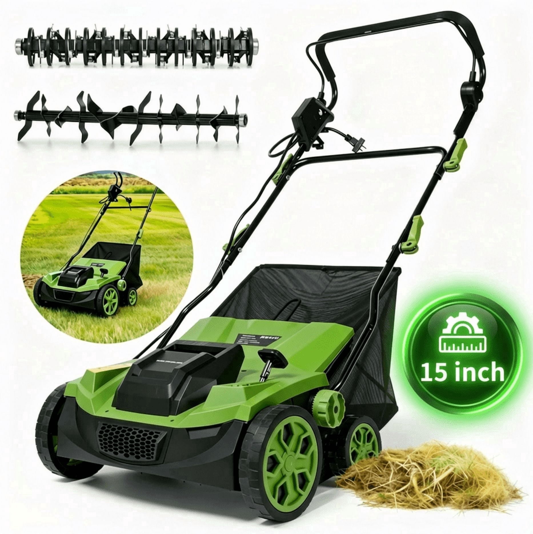 GASKY 15-inch Electric Dethatcher and Scarifier, 15A Lawn Care Tool with 5-Position Depth Adjustment (Green, 15 in) s3l4f