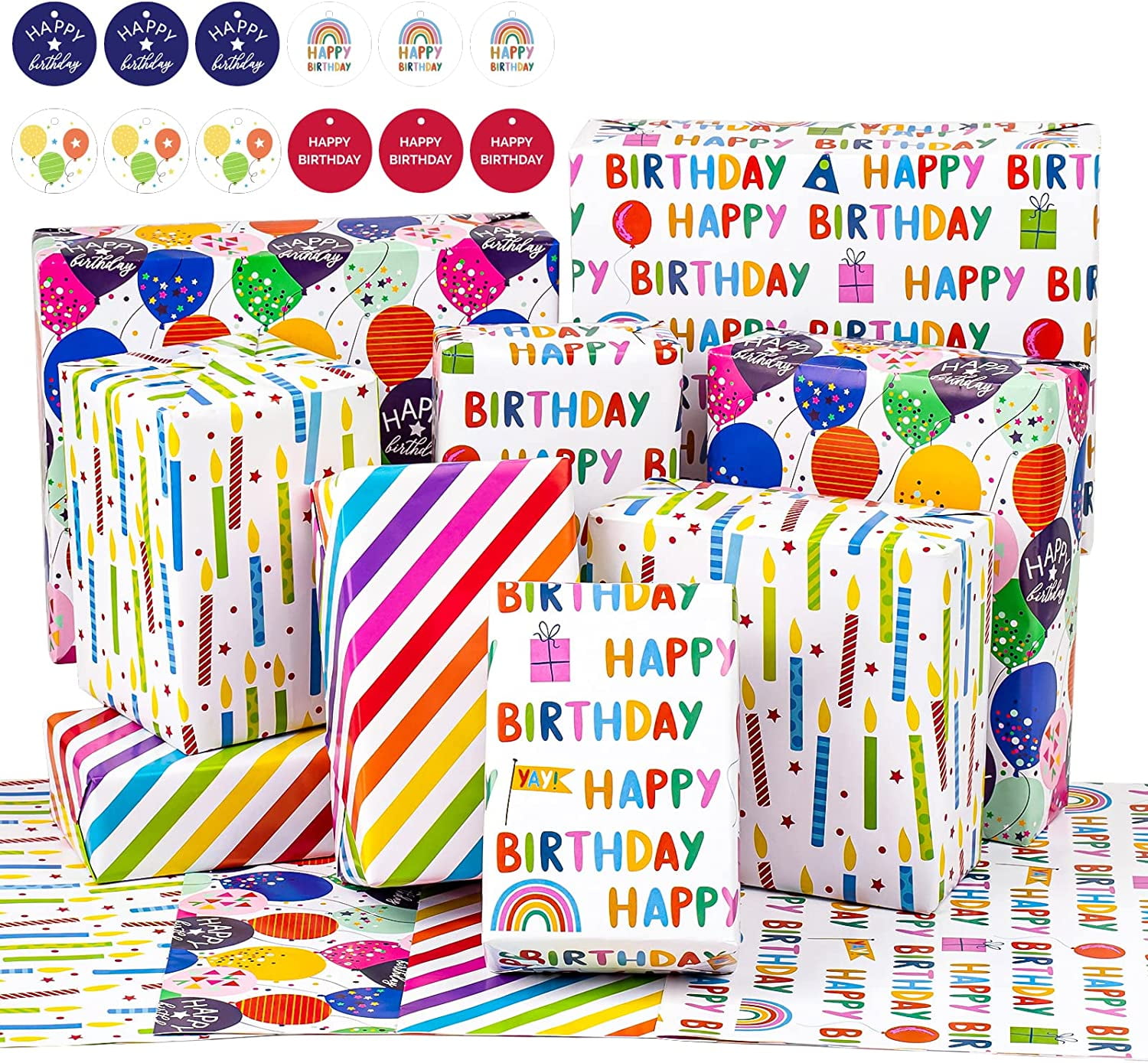 WRAPAHOLIC Birthday Wrapping Paper Set with Gift Tags (Multicolor, 12 Sheets, 19.7 in x 27.5 in) 9v3tu