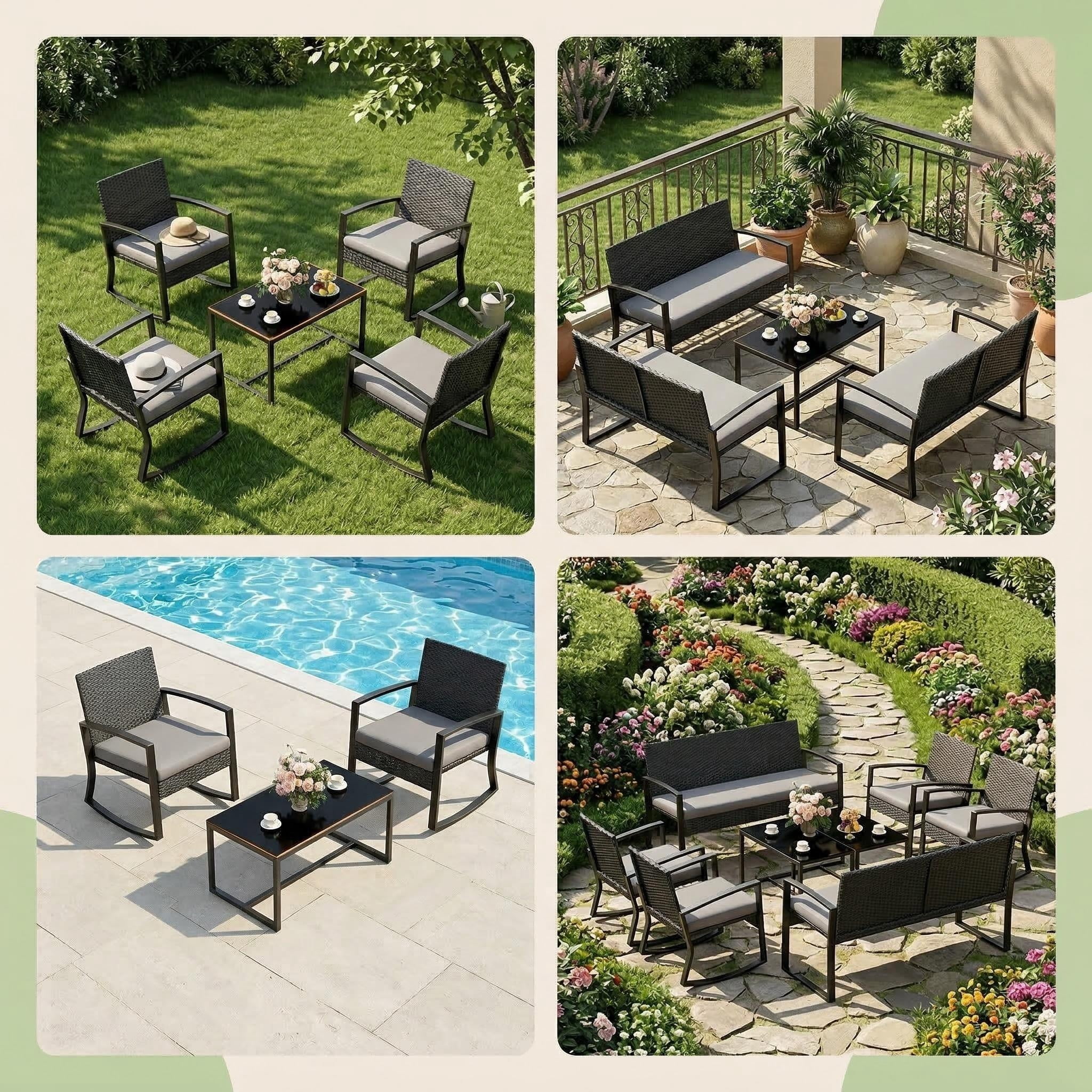 Lofka 8-Piece Outdoor Patio Furniture Set, All-Weather Wicker Rocking Chairs with Glass Coffee Tables (Gray, 8-Piece Set) sqtb1