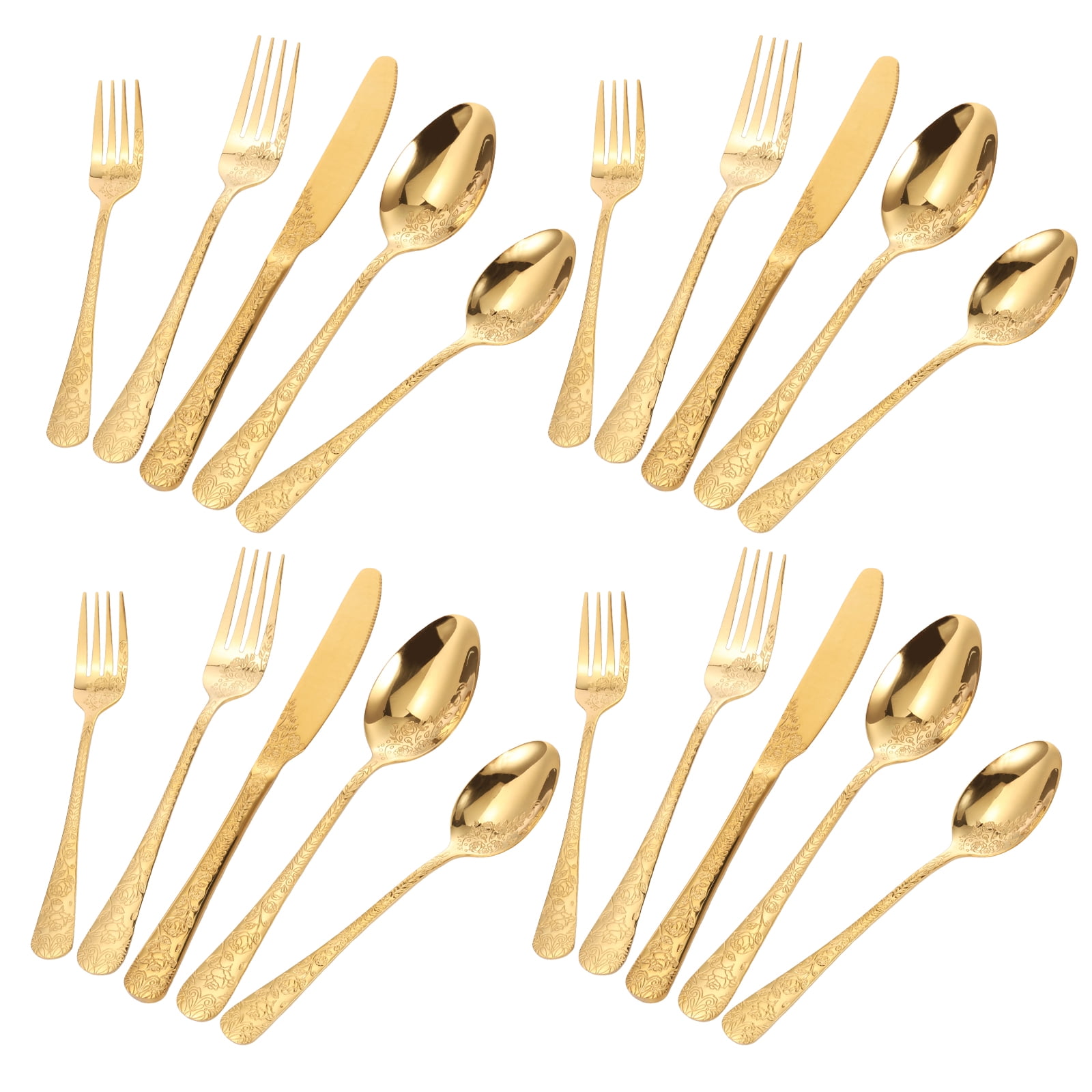 Jetcloudlive 20-Piece Floral Stainless Steel Flatware Set, Vintage Mirror Polished Cutlery for 4 (Gold, 20-Piece) 7d3kh