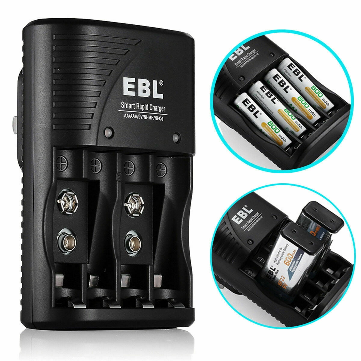 EBL Smart Battery Charger for AA AAA 9V NiMH NiCD Rechargeable Batteries (Black, 4-Slot) bvngx