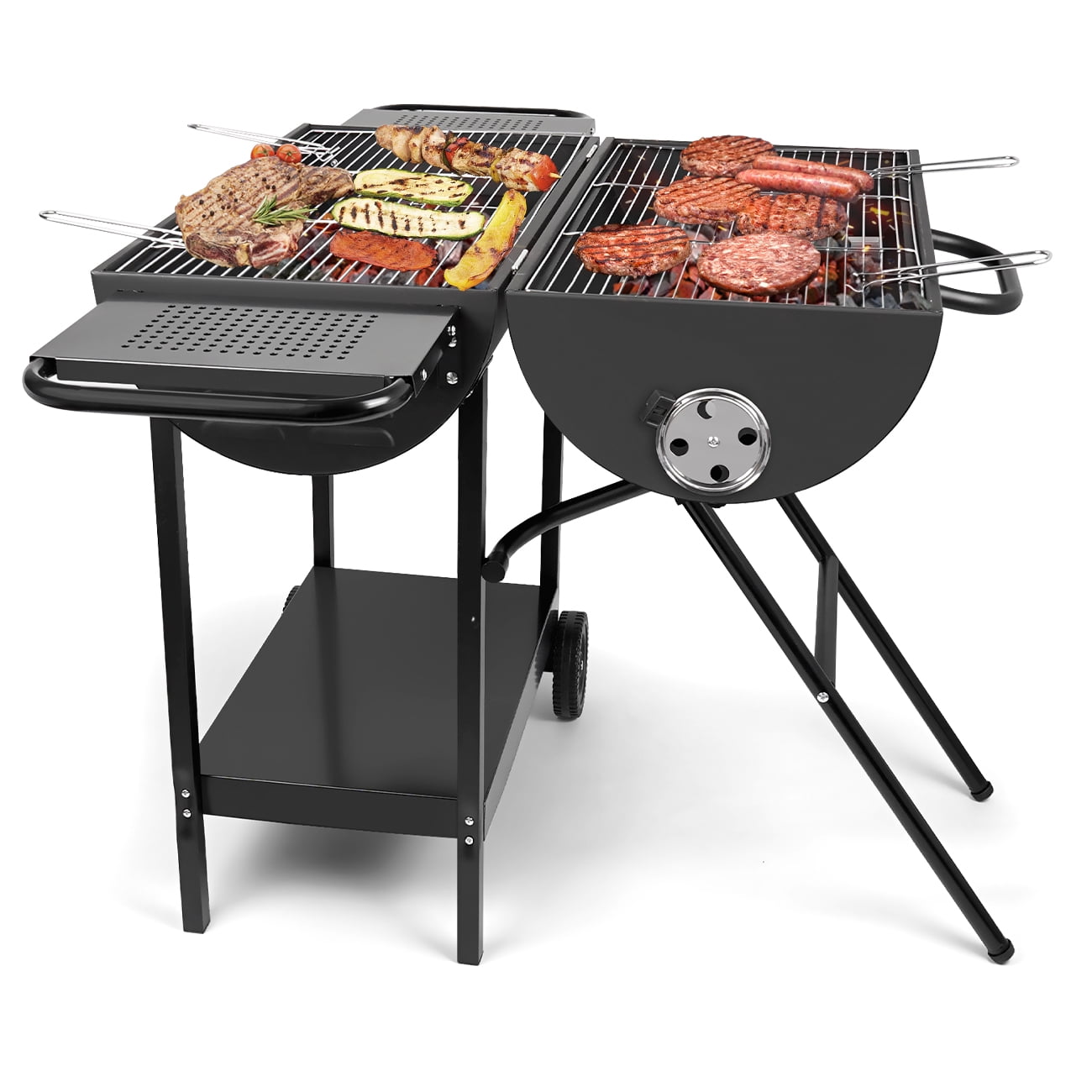 Linsen-Outdoors Double Charcoal Barrel Grill with Dual Side Shelves (Black, Large) 5yds8