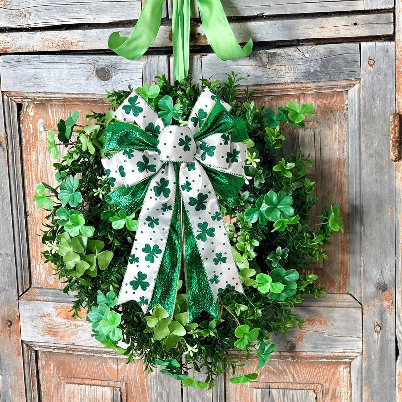 Dserhfy St. Patrick's Day Shamrock Bow Large Glitter Ribbon Decor for Wreath and Tree Topper (White and Green, 17.8 in x 11.5 in) tldru